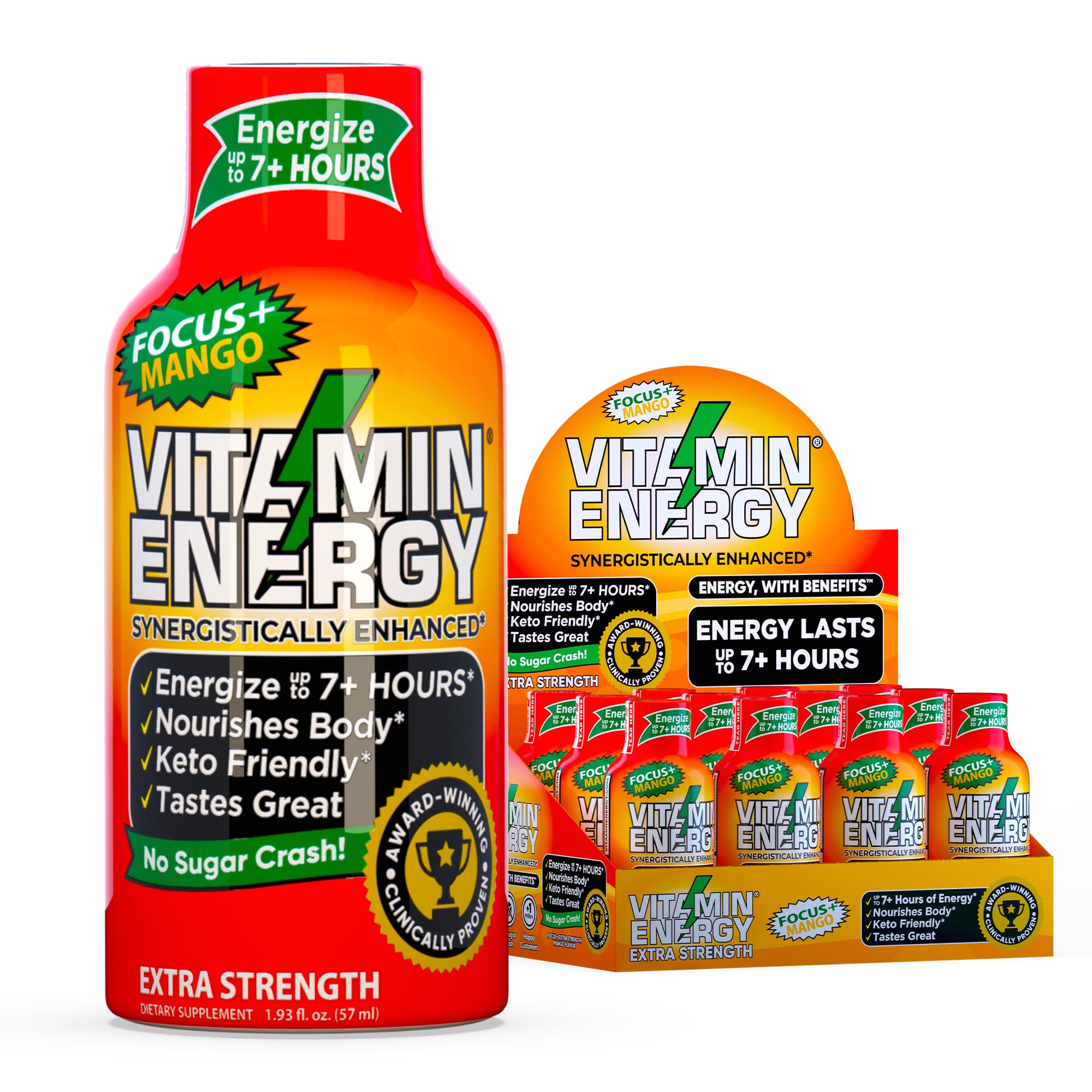 Shot Vitamin Energy Focus+ mangue – bouteille vue de face, énergie durable possible.