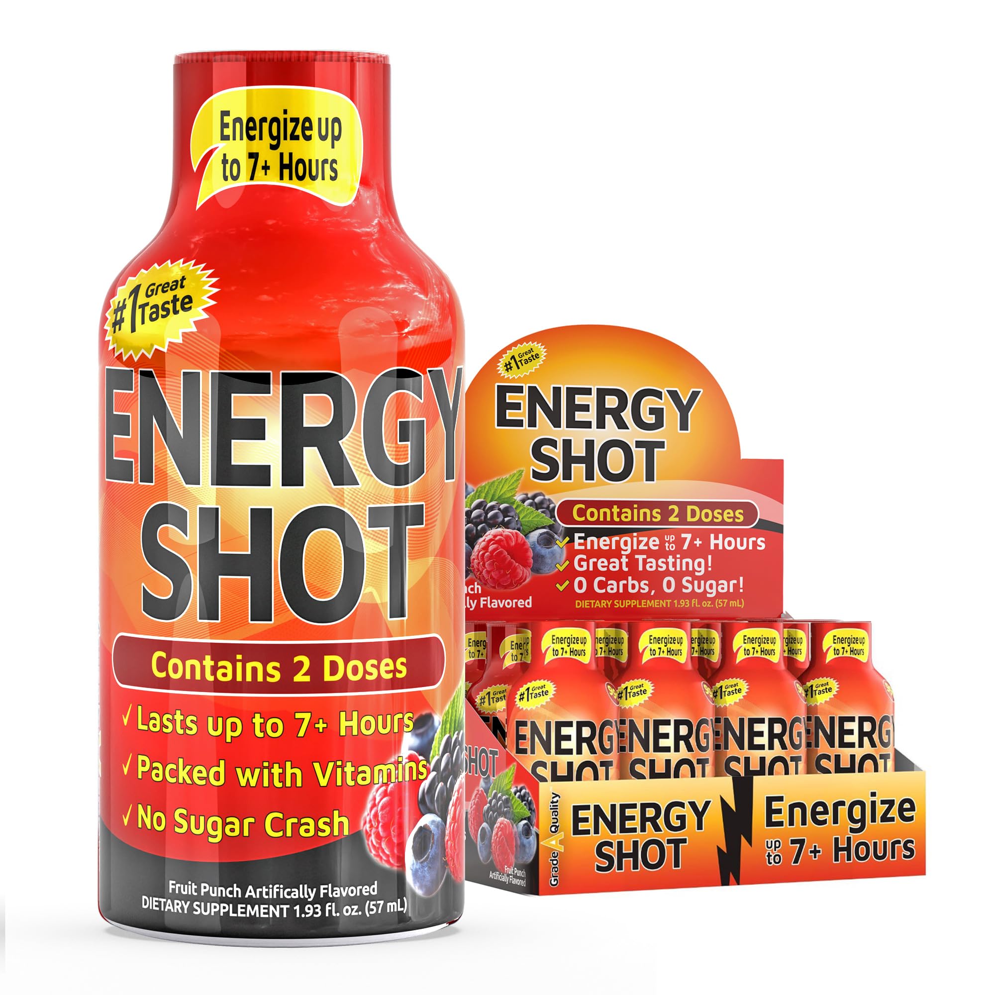 Vitamin Energy Fruit Punch Dose – bouteille montrant deux portions pour énergie soutenue.