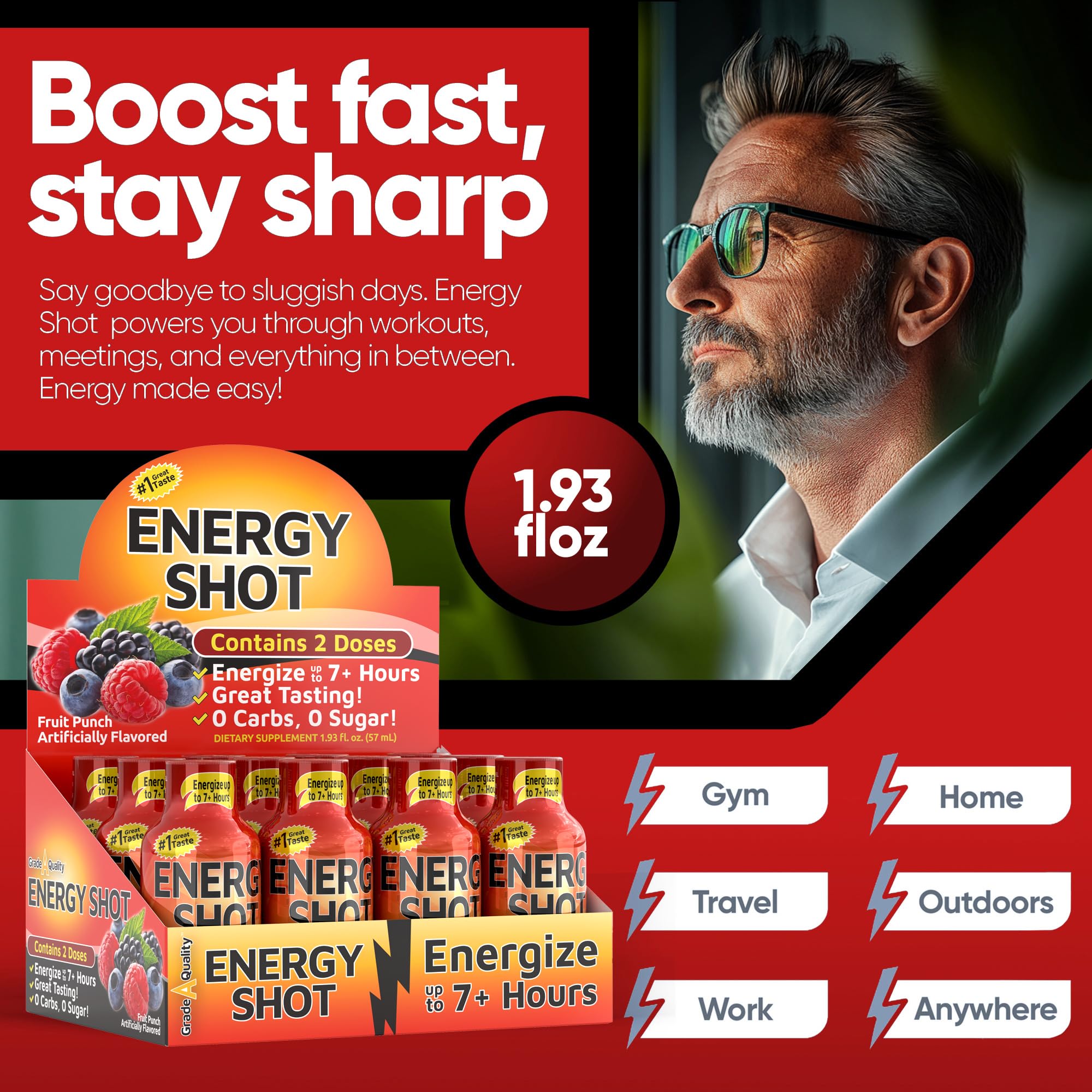 Vitamin Energy Fruit Punch Shot — visuel cafeine et energie, parfait pour les sessions d'etudes.