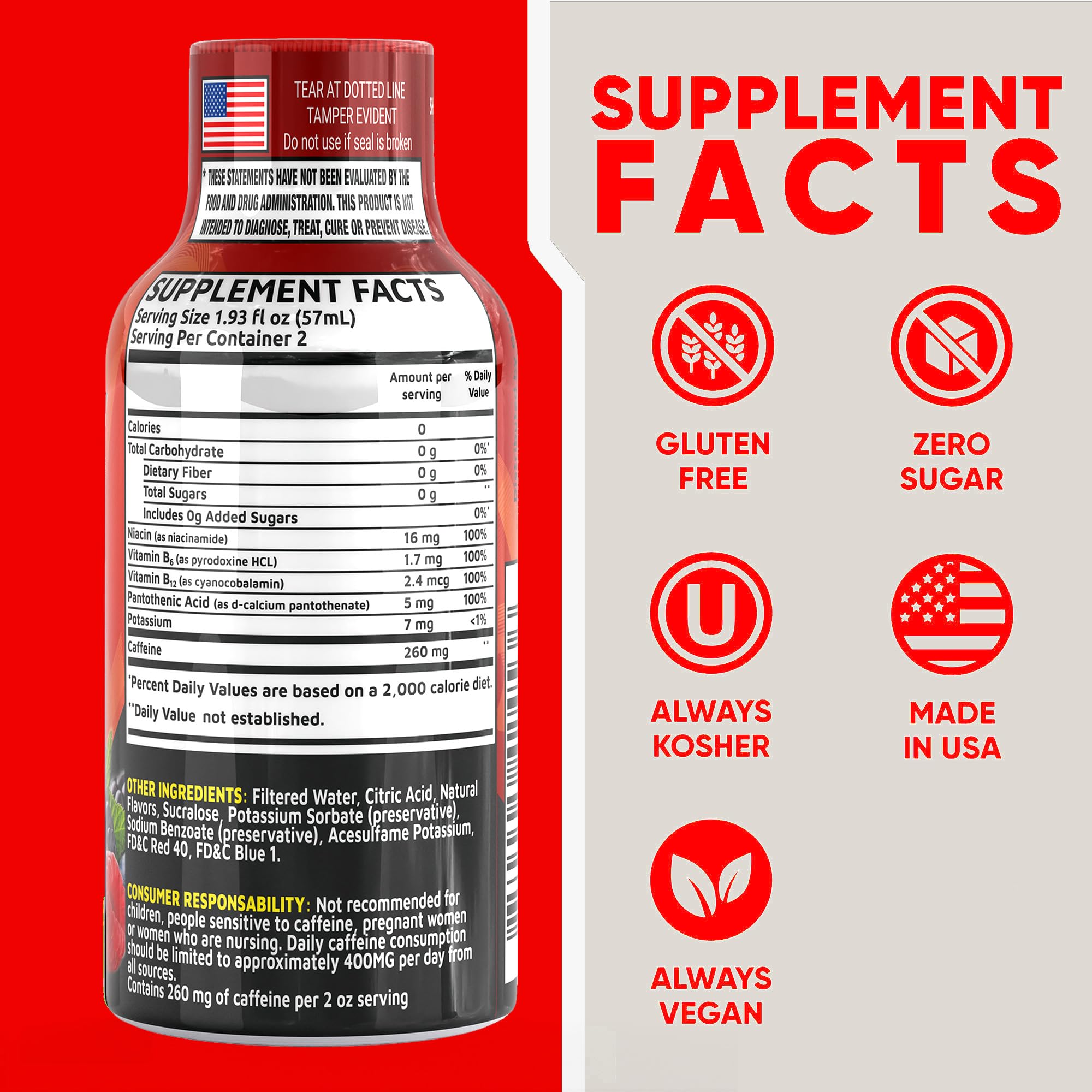 Vitamin Energy Fruit Punch Shot — etiquette d'emballage affichant cafeine et vitamines B.