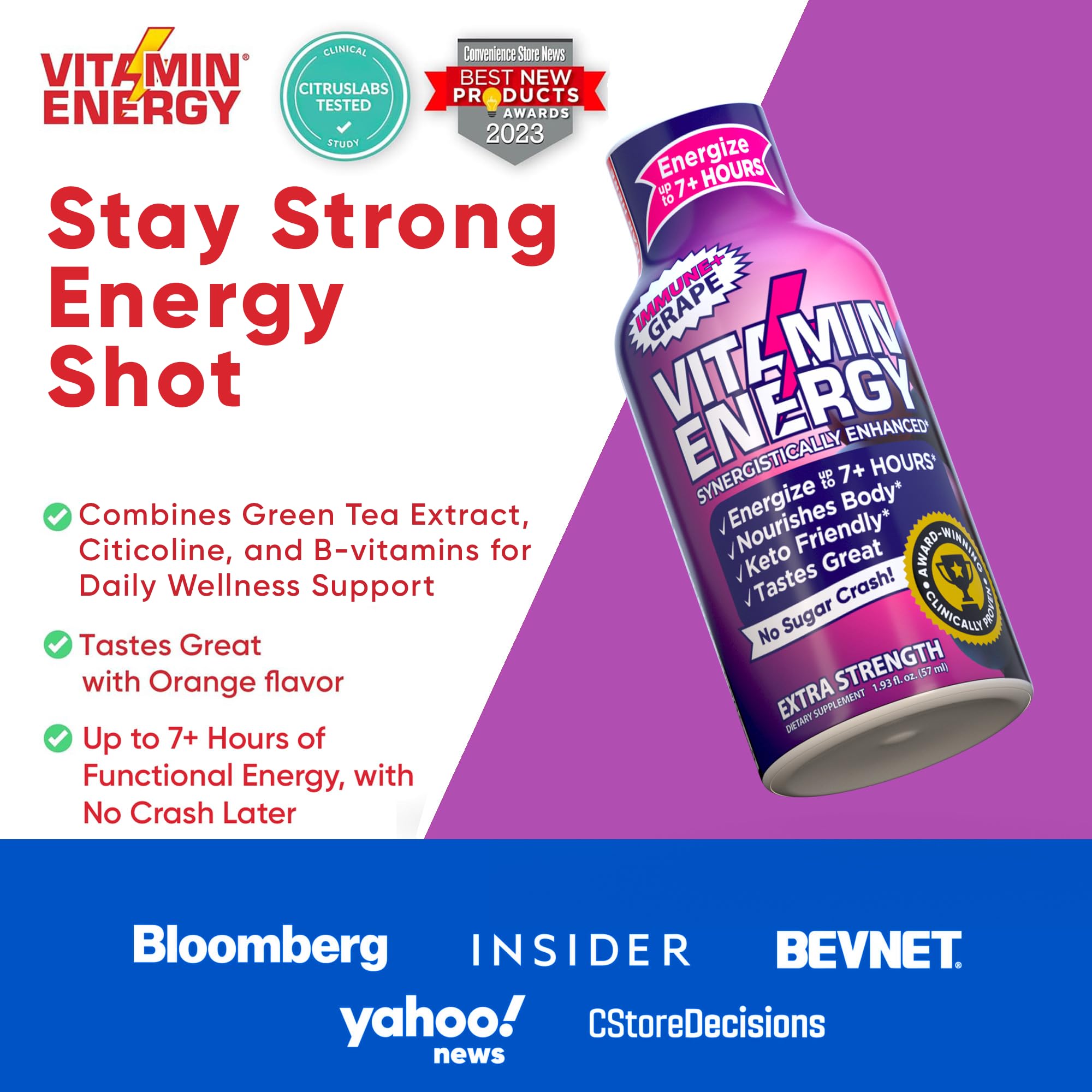 Citicoline dans Vitamin Energy Immunité+ Shot favorisant la concentration.