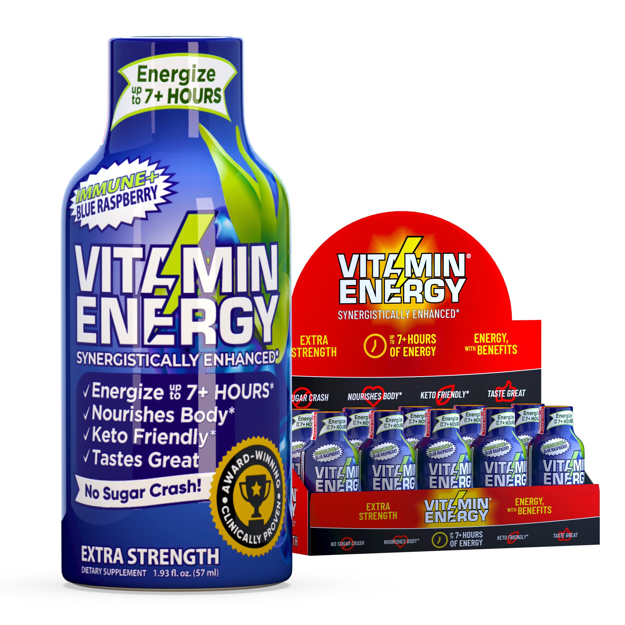 Paquet Vitamin Energy Immune+ dose framboise bleue, énergie pratique pour démarrer la journée.
