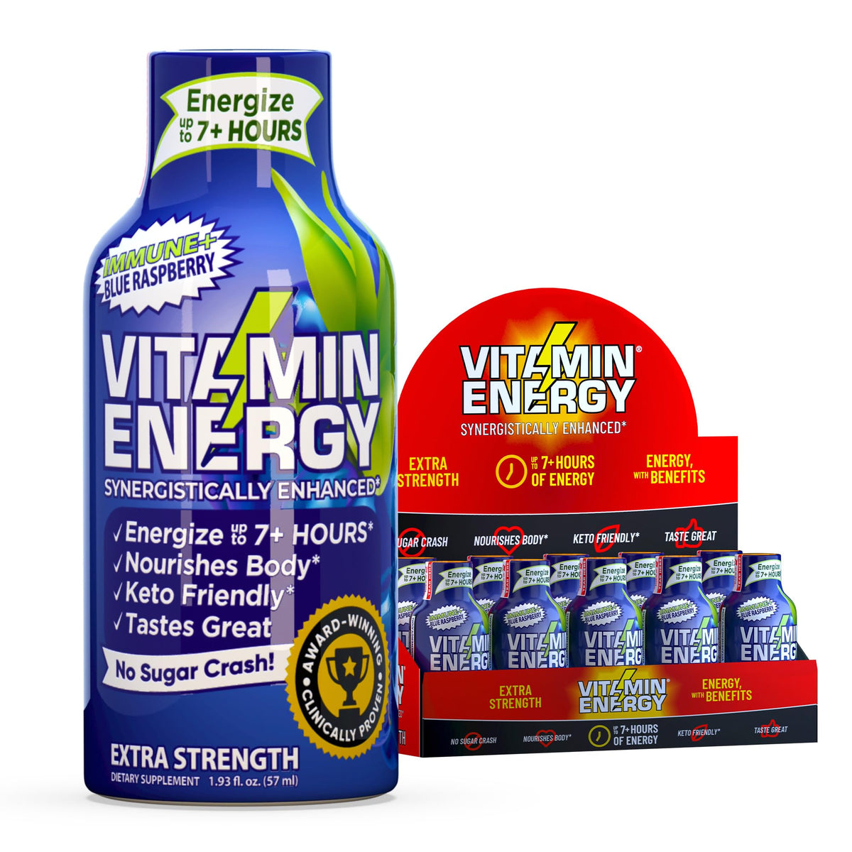 Paquet Vitamin Energy Immune+ dose framboise bleue, énergie pratique pour démarrer la journée.