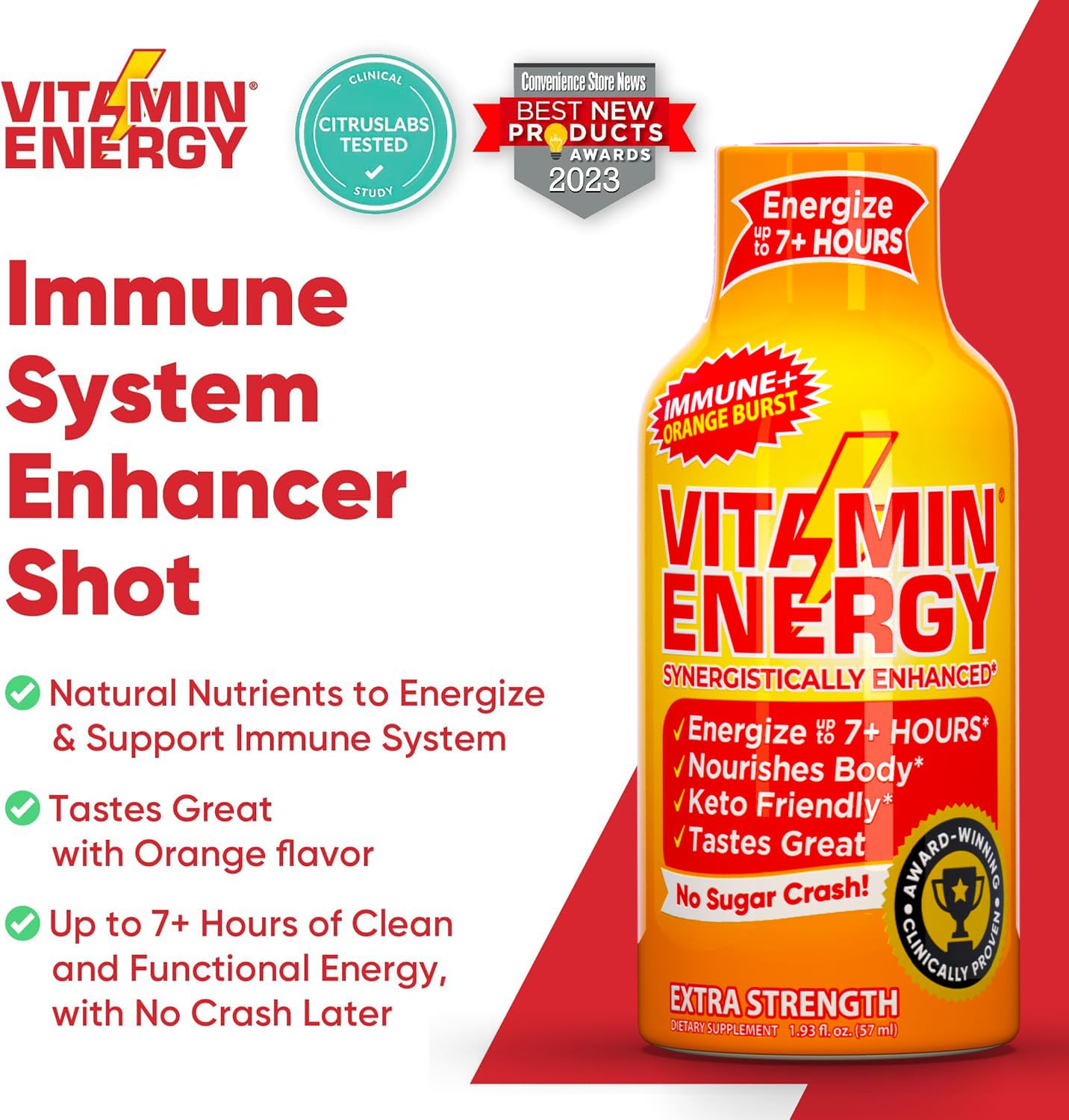 Arrière d'étiquette Vitamin Energy Immune+ détaillant éléments et utilisation.