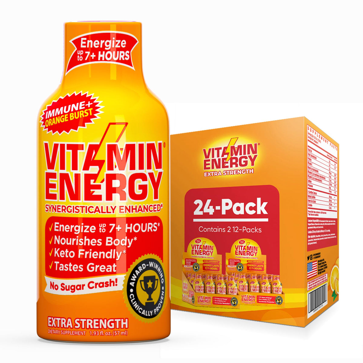 Vitamin Energy Immune+ en bouteille, énergie soutenue toute la journée.
