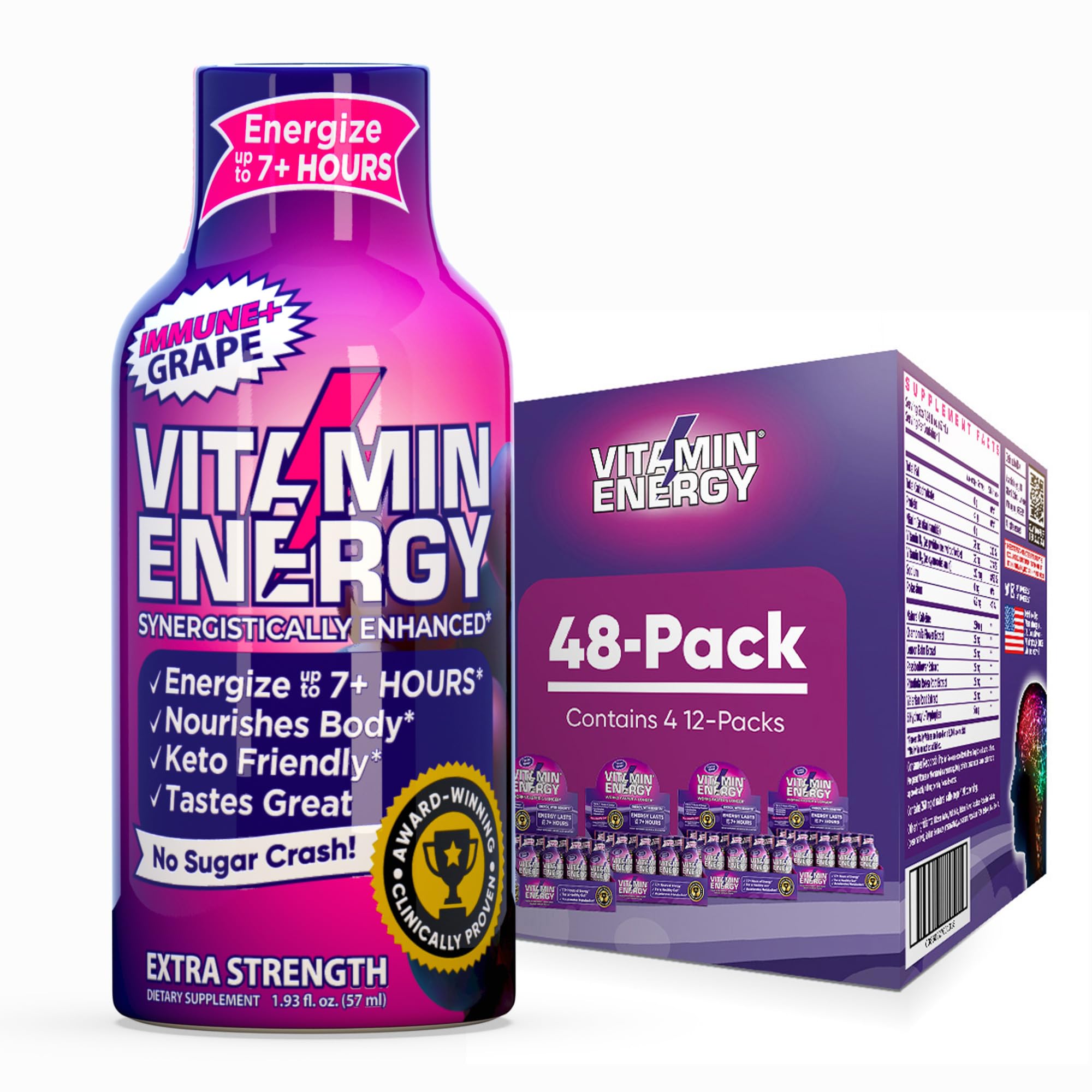 Vitamin Energy Immune Plus Shot goût raisin, bouteille prête à l’emploi pour une énergie durable.