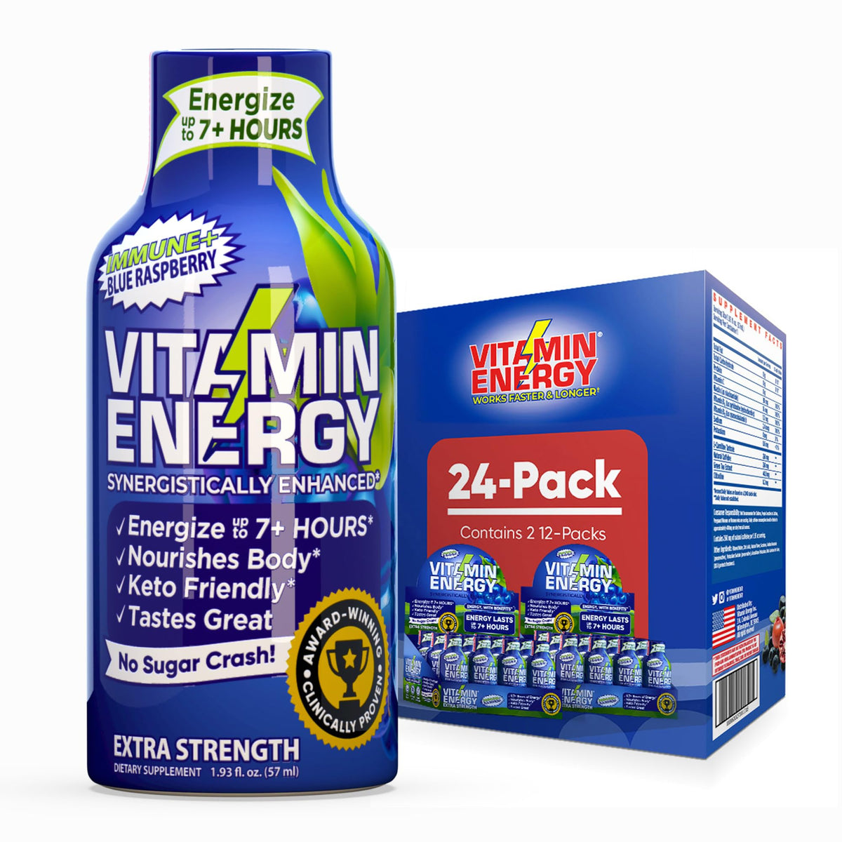 Vitamin Energy Immunité Plus – bouteille bleu-framboise pour énergie naturelle et concentration.