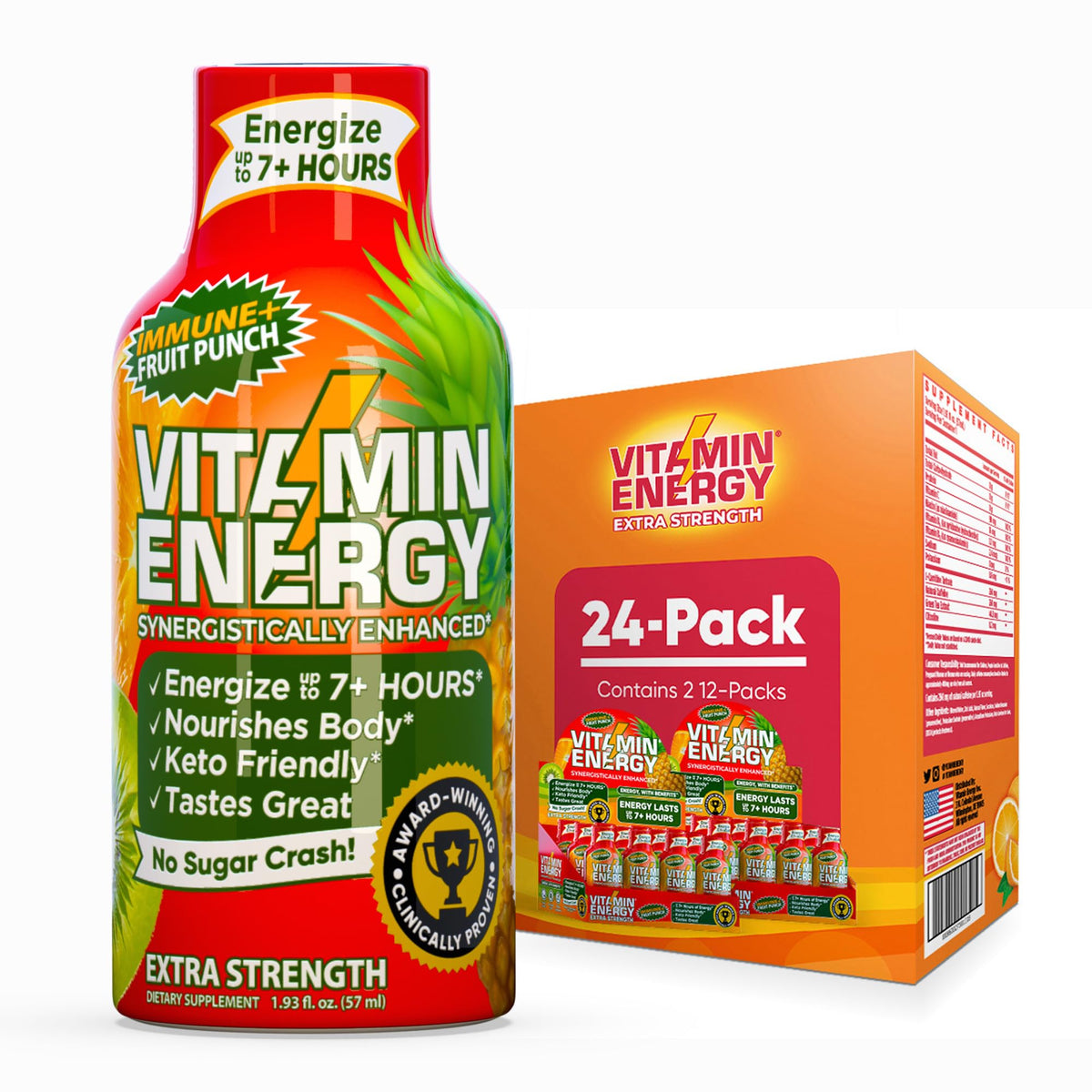 Vitamin Energy Immunite Plus, bouteille shot fruit-punch prête à booster l'énergie durable