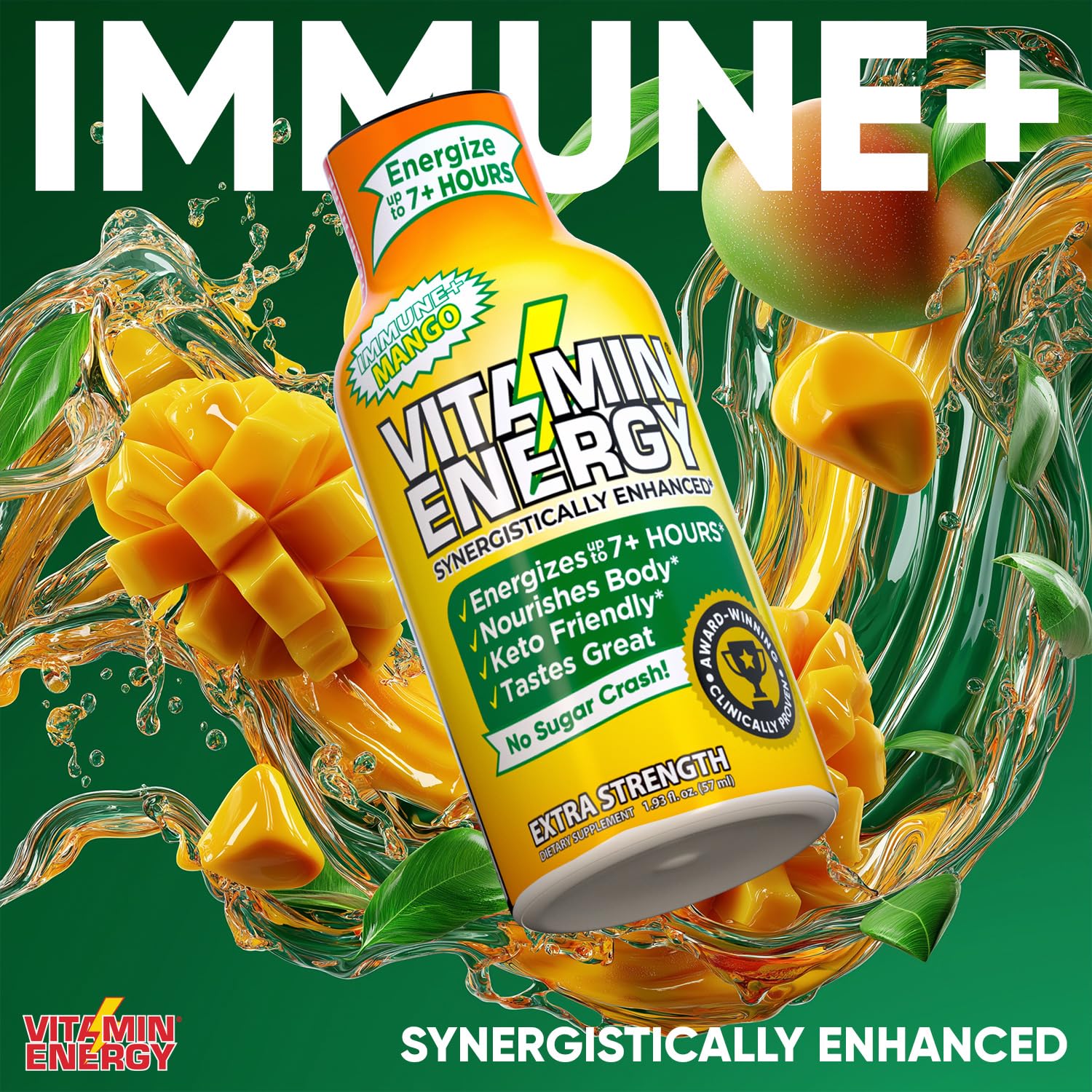 Bouteille sans sucre Vitamin Energy Immunite Plus dose mangue option légère.