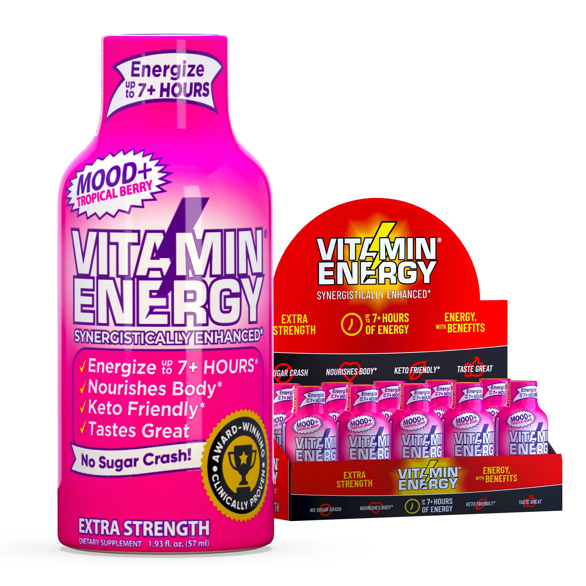 Vitamin Energy Mood+ Shot tropical-berry, bouteille prête pour énergie durable et concentration.