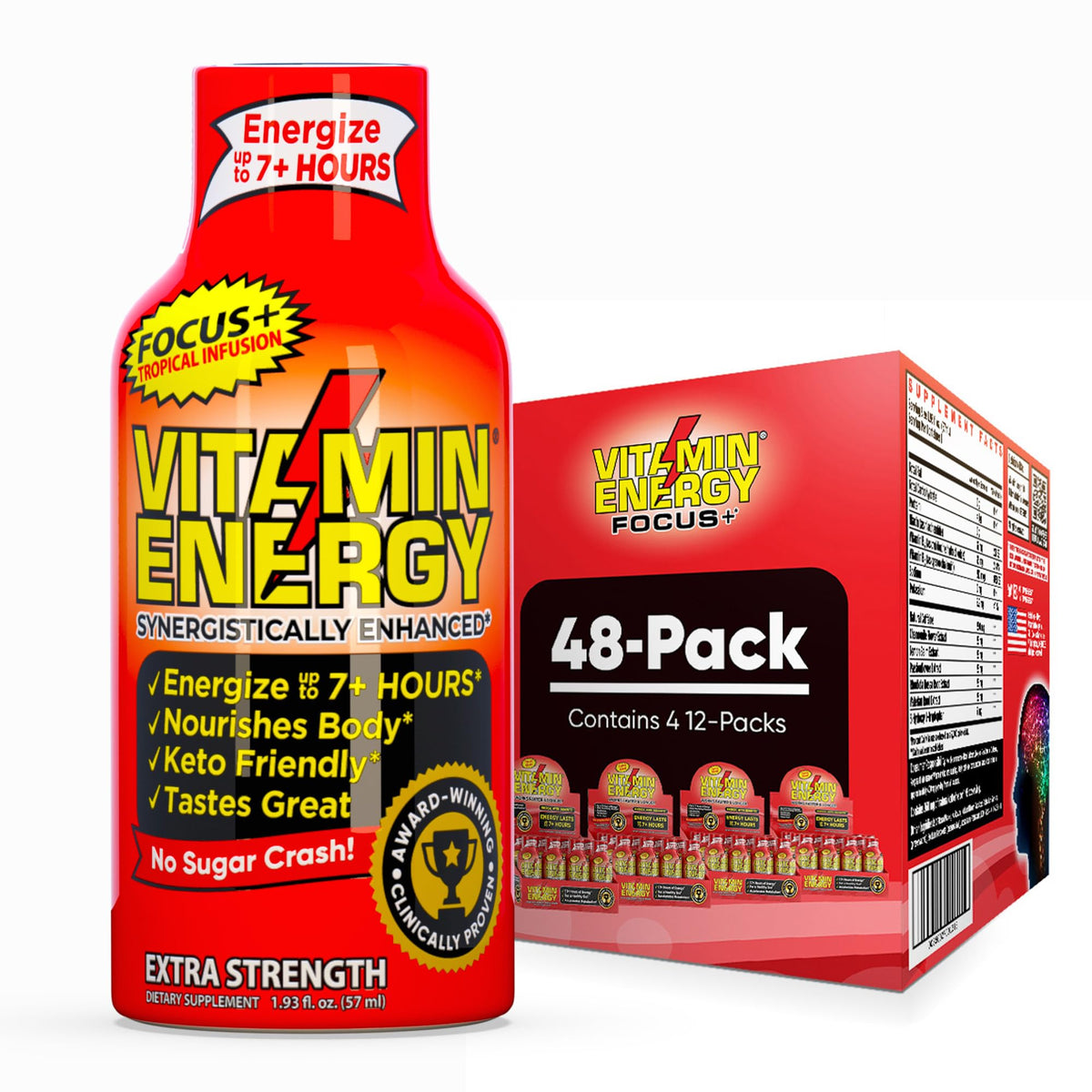 Vitamin Energy Shot: bouteille tropicale, énergie durable et concentration.