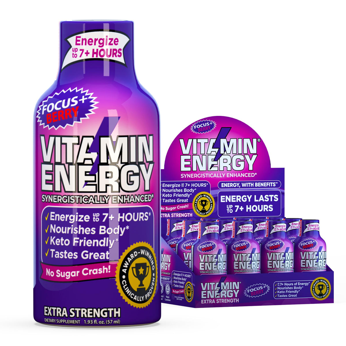 Vitamin Energy Focus+ framboise, bouteille vue avant, énergie durable et concentration.