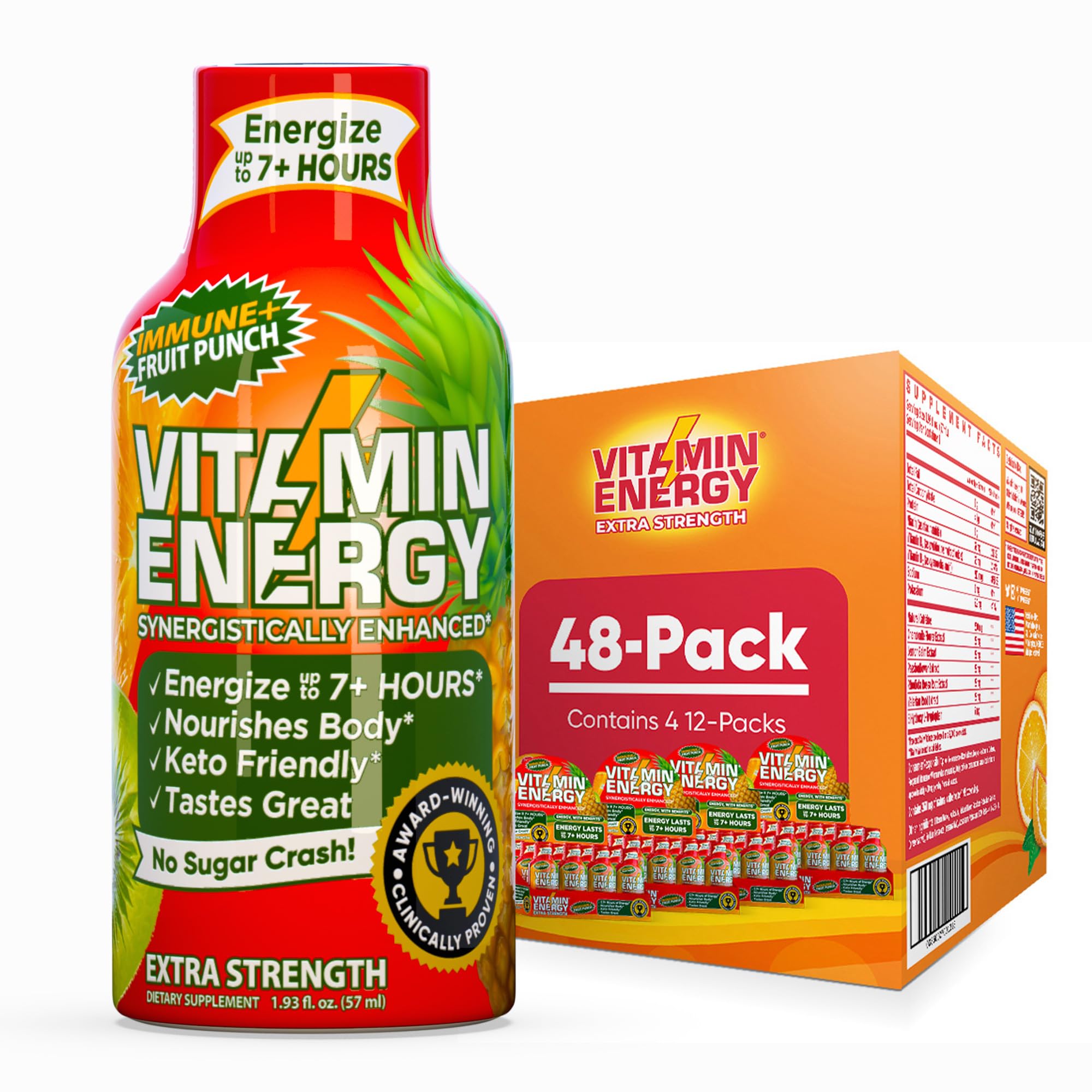 Vitamin Energy Shot goût fruits et baies en bouteille, énergie rapide.