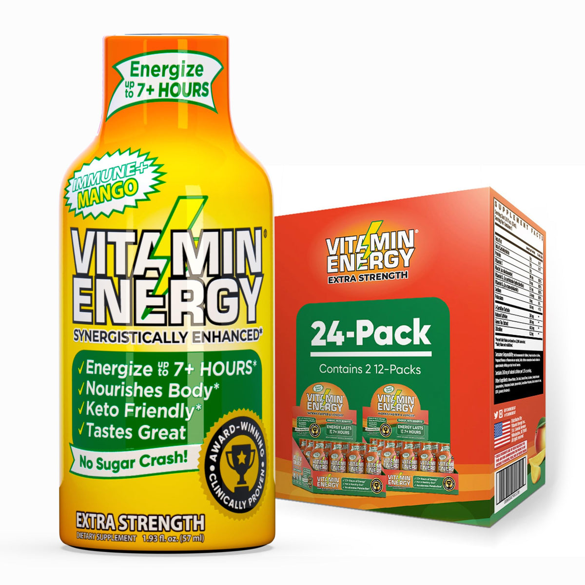 Vitamin Energy Immune+ Mango bouteille: énergie durable sans sucre.