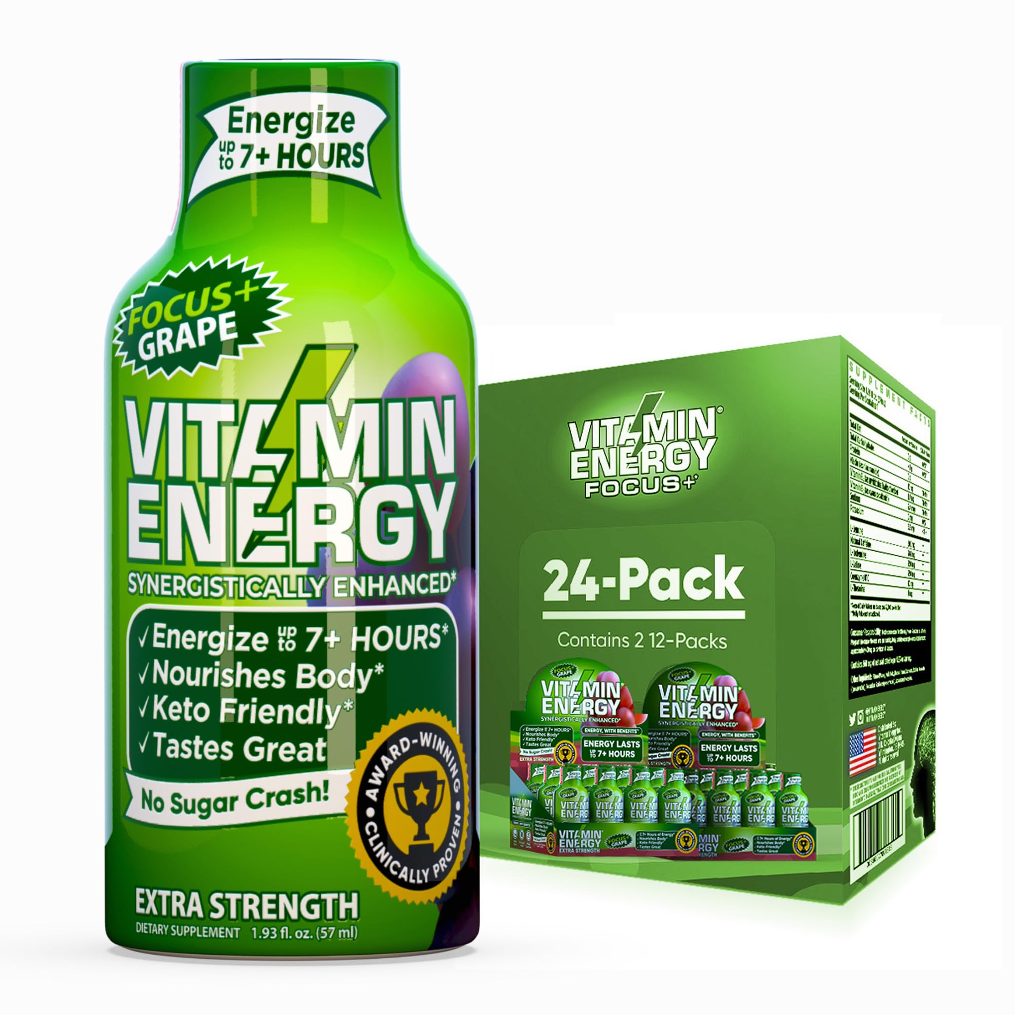 Vitamin Energy Focus+ raisin - bouteille pratique pour concentration durable sans sucre.