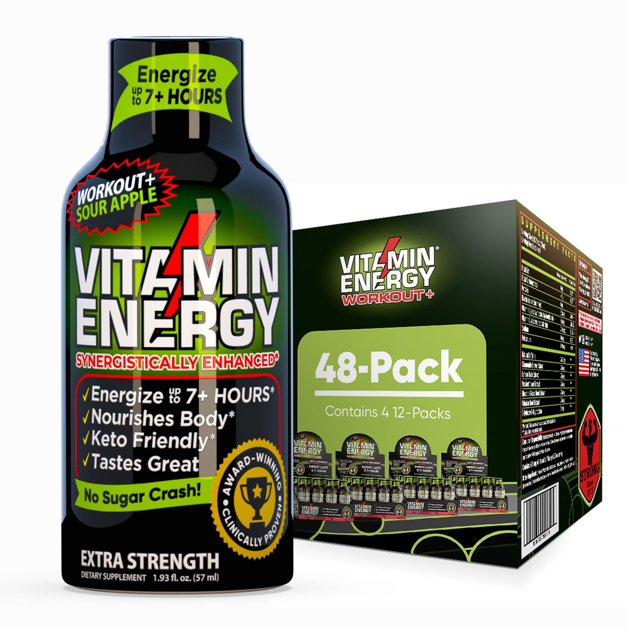 Vitamin Energy Workout+ en bouteille pomme acidulée pour énergie durable pendant l’entraînement.