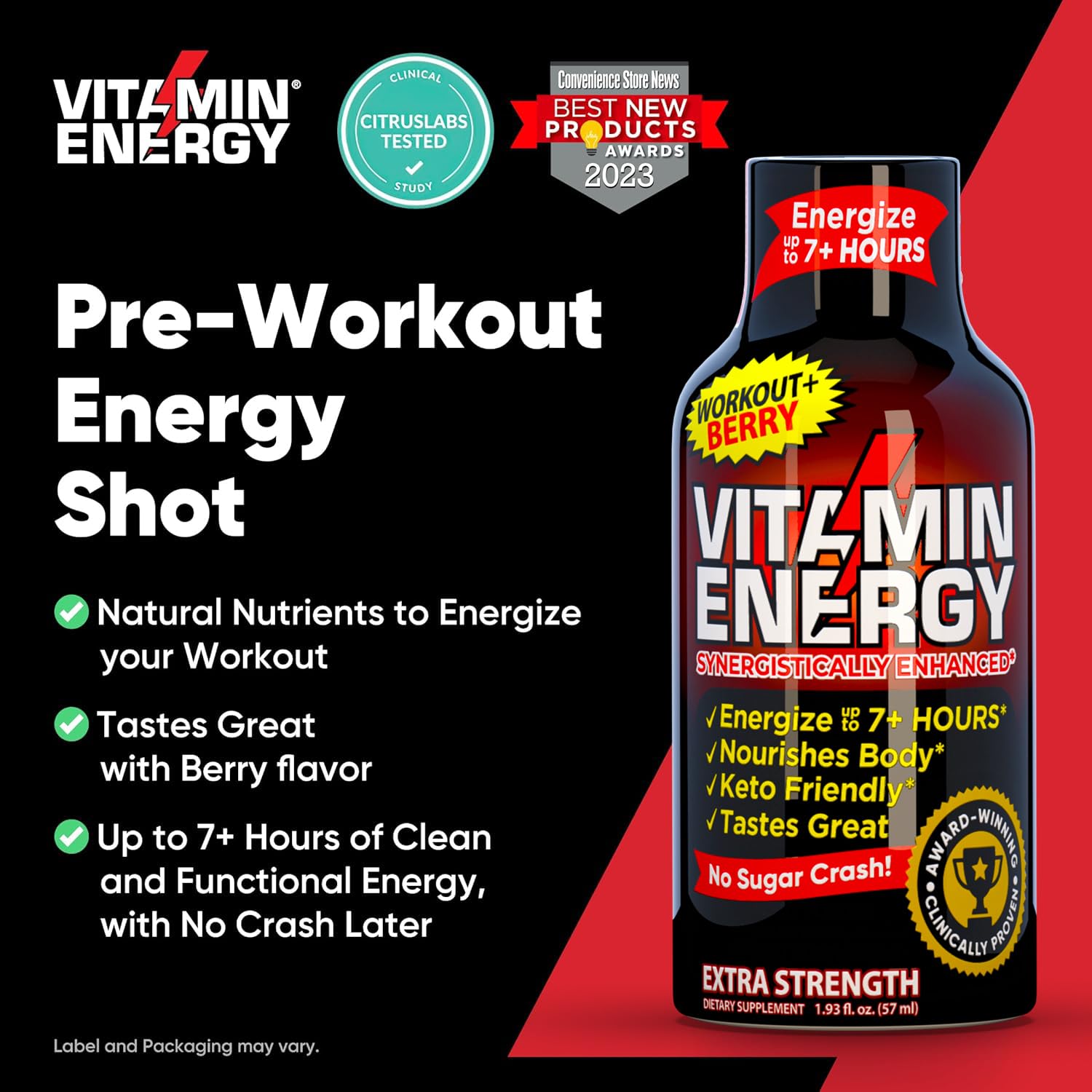 Bouteille végan et sans sucre Vitamin Energy Workout+ pour entraînement.