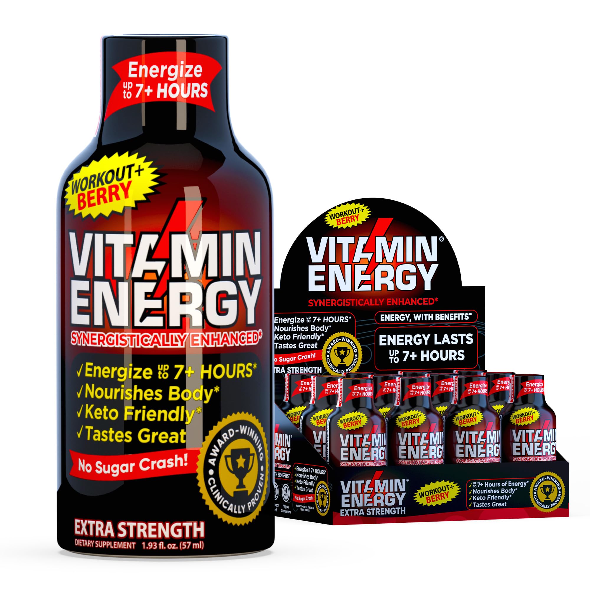 Vitamin Energy Workout+ Shot baies bouteille : énergie rapide pour l’entraînement.