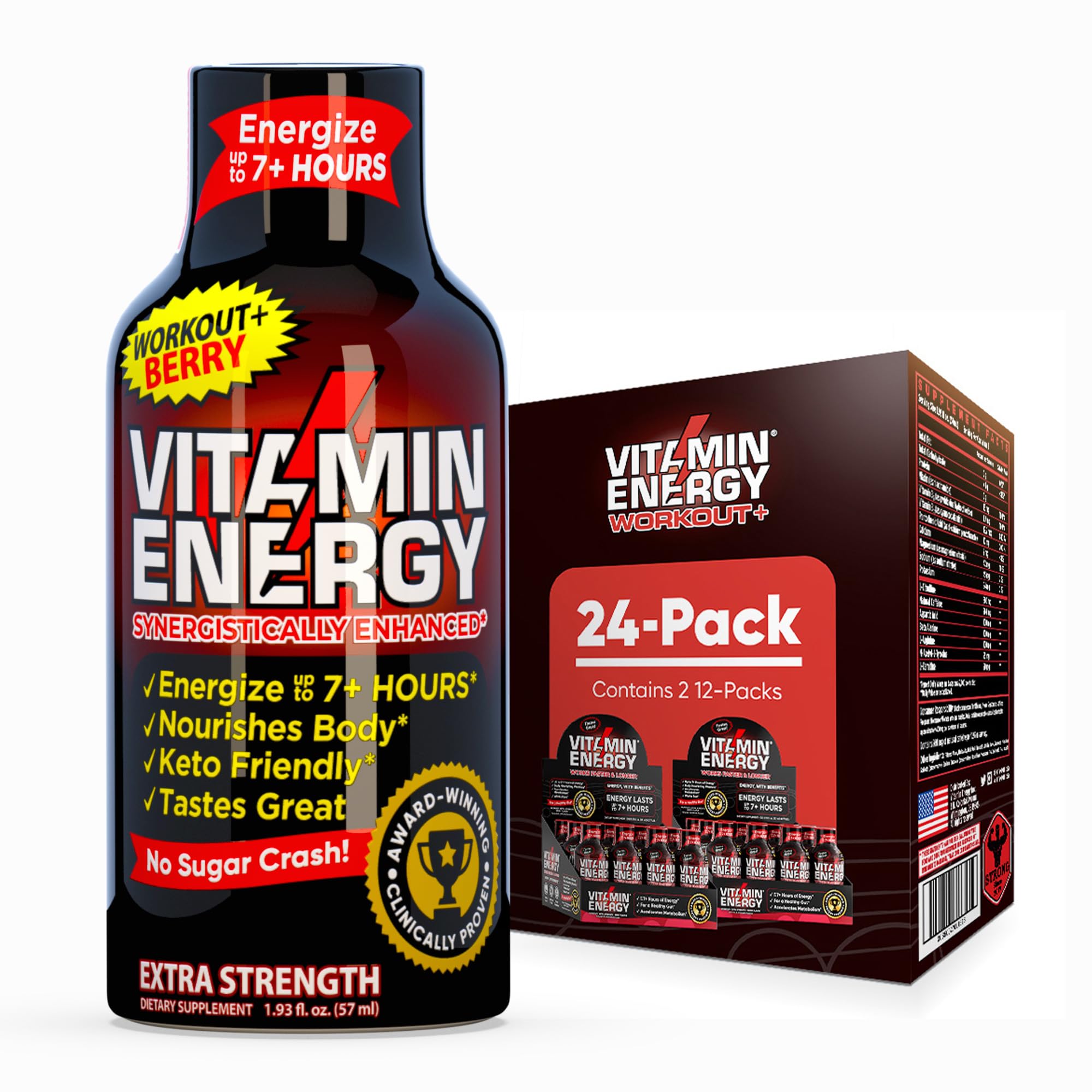 Vitamin Energy Workout+ shot framboise bouteille; boost d'endurance rapide.