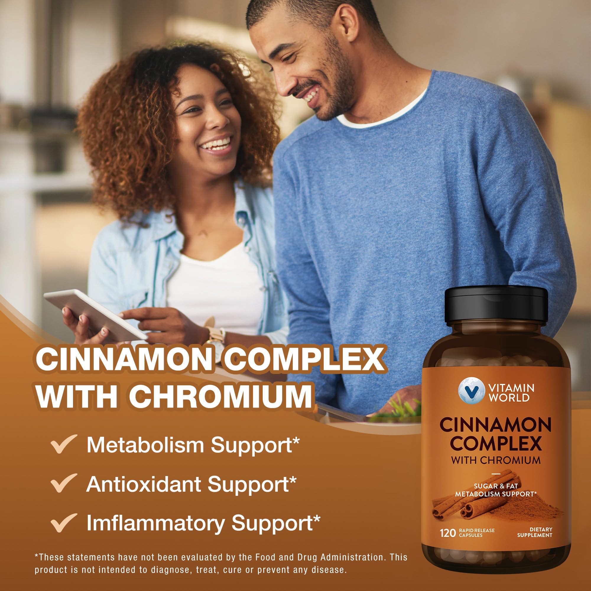 Vitamin World Cannelle Chrome – étiquette: sans gluten et sans arômes artificiels.
