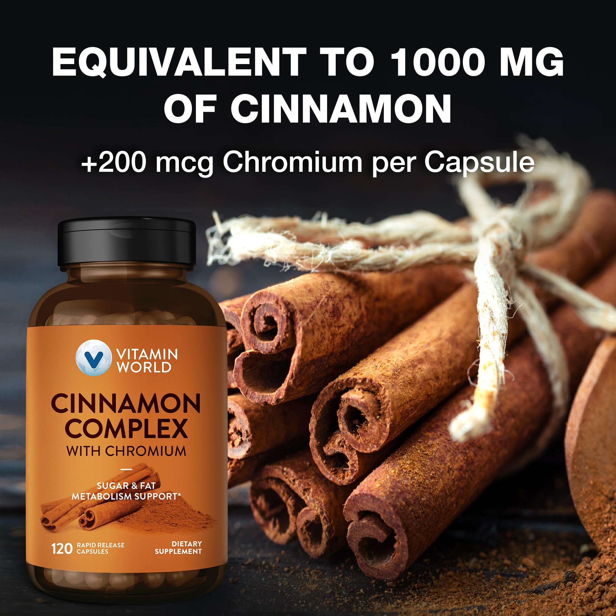 Vitamin World Cannelle Chrome – ingrédients: cannelle naturelle et chrome de haute qualité.