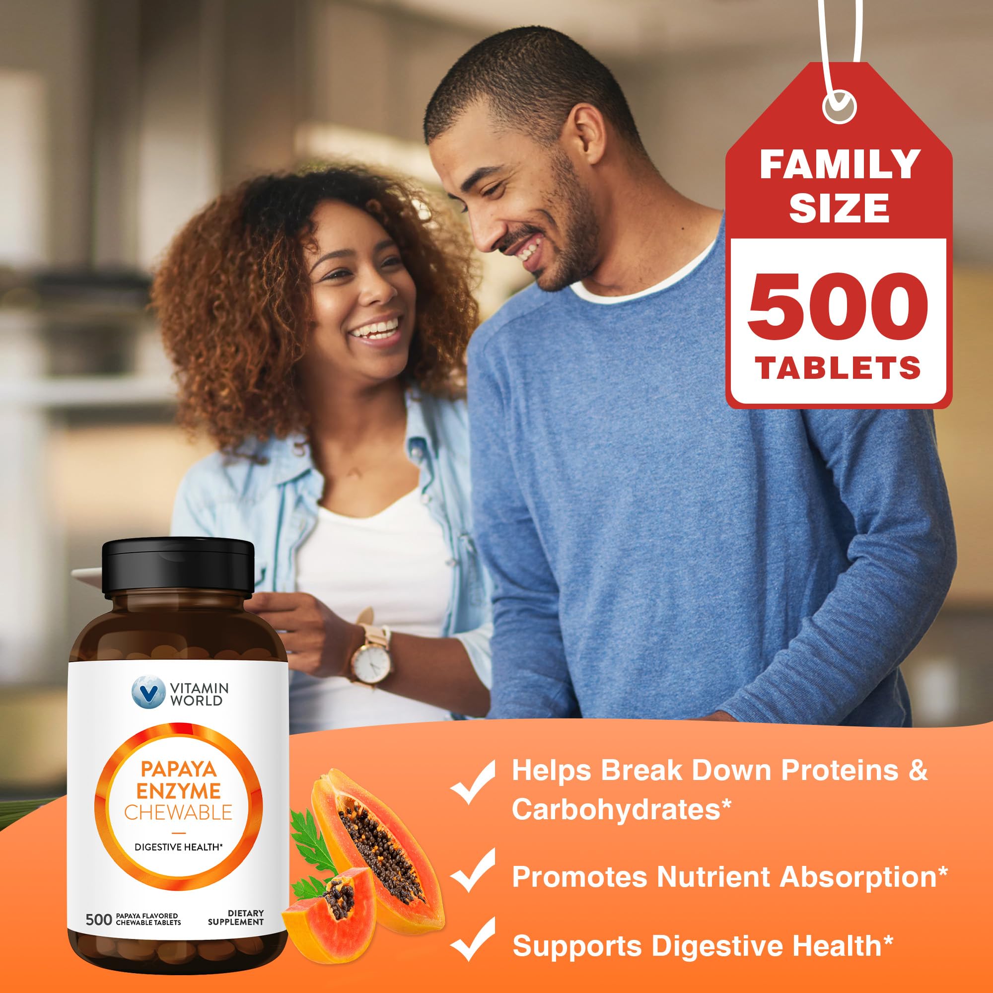 Emballage et etiquette Vitamin World, informations claires sur la qualité et les allergènes.