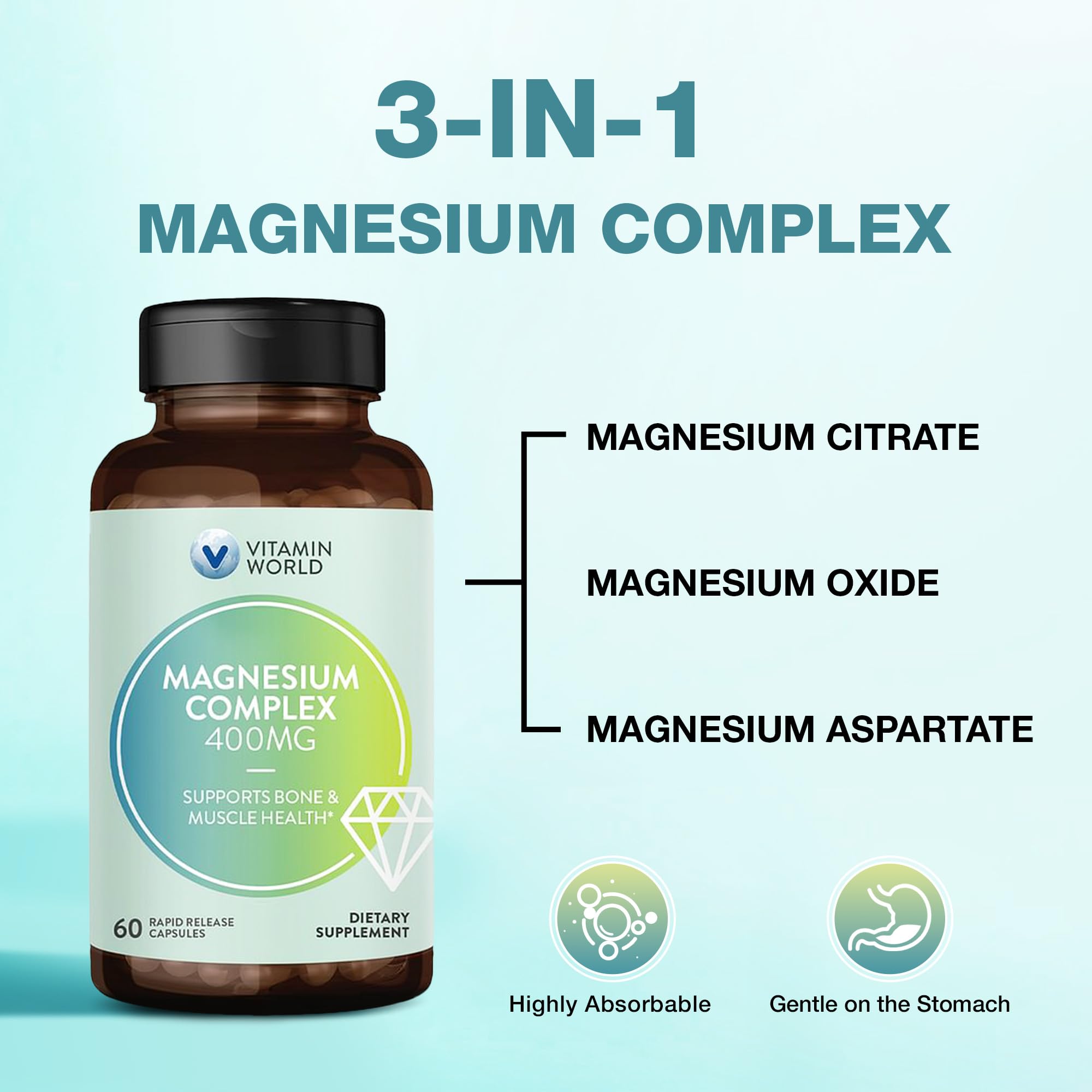 Vitamin World Magnesium Complex – étiquette claire indiquant l’absence de colorants artificiels.