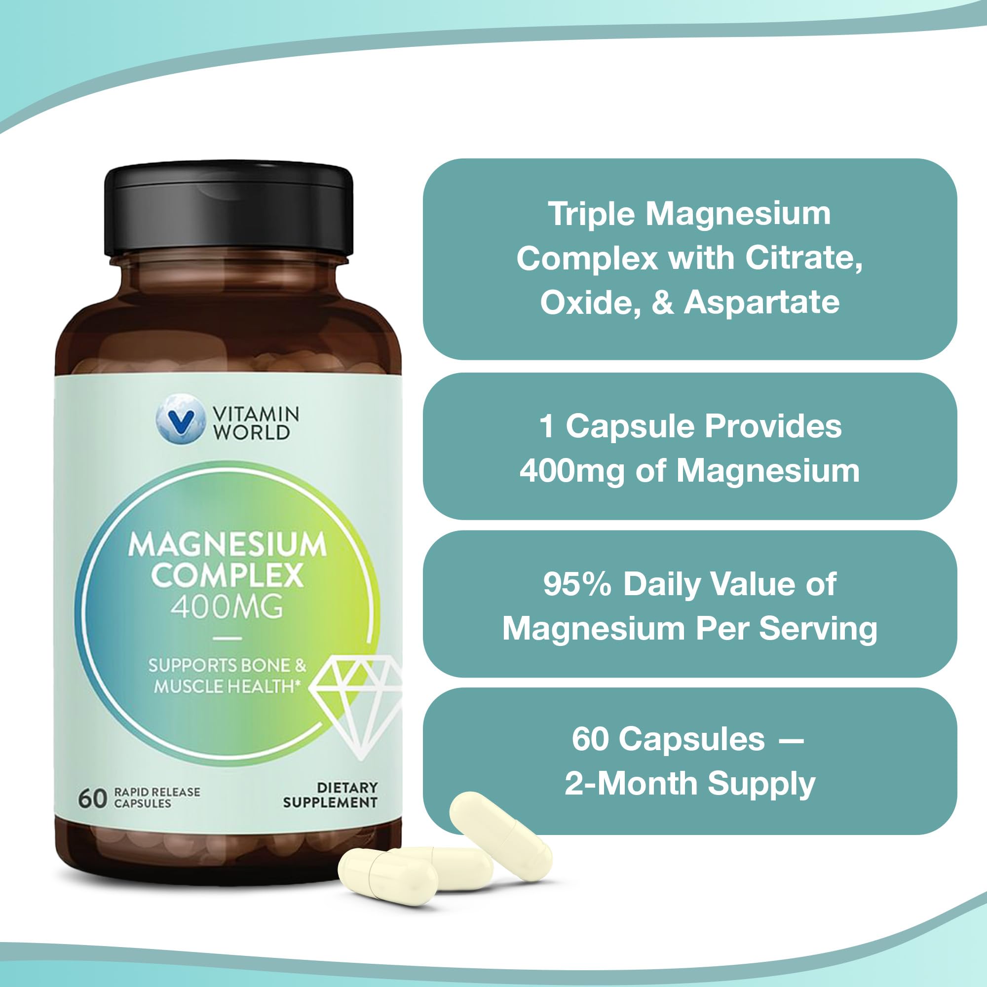 Vitamin World Magnesium Complex – tableau des ingrédients montrant les trois formes de magnésium.