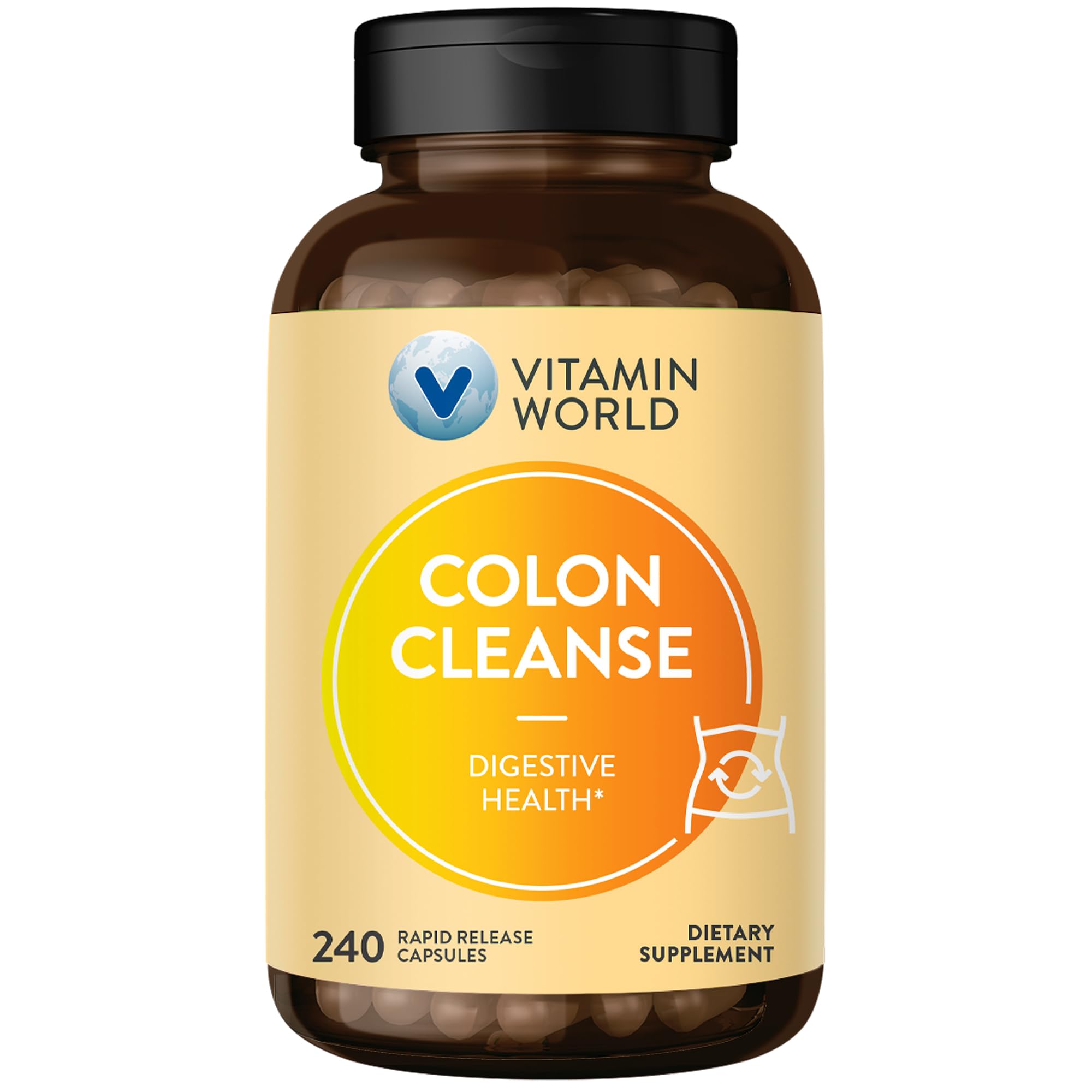Vitamin World Colon Cleanse – capsules visibles dans la bouteille, soutien digestif naturel.