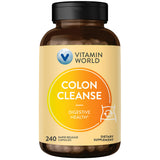 Vitamin World Colon Cleanse – capsules visibles dans la bouteille, soutien digestif naturel.