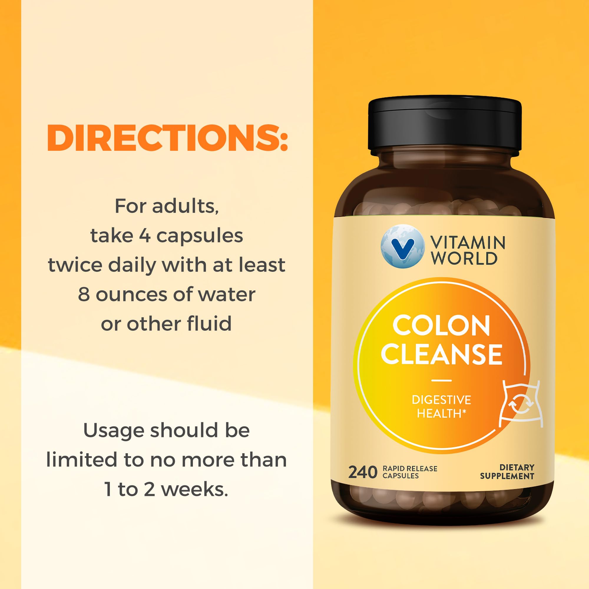 Vitamin World Colon Cleanse – emballage sans additifs artificiels, choix sain et naturel.