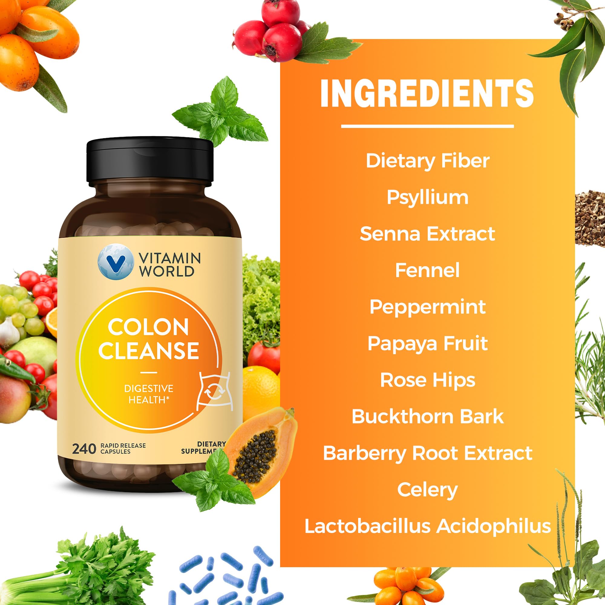 Vitamin World Colon Cleanse – fibres alimentaires, soutiennent la digestion et le transit.