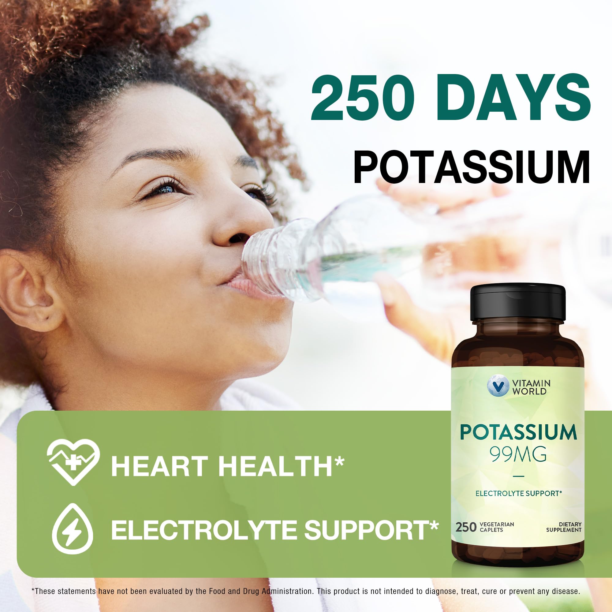 Vitamin World potassium 99 mg comprimés bouteille indiquant 250 jours d'utilisation