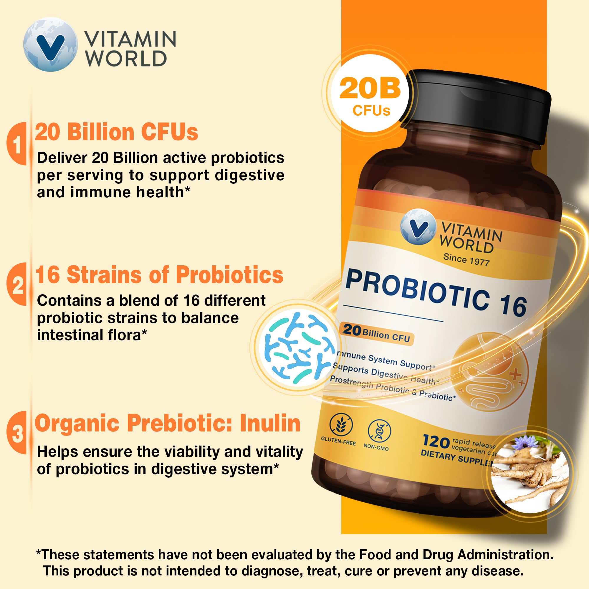 Vitamin World Probiotic – Prébiotique Inuline, fibre soutenant la croissance de bonnes bactéries.