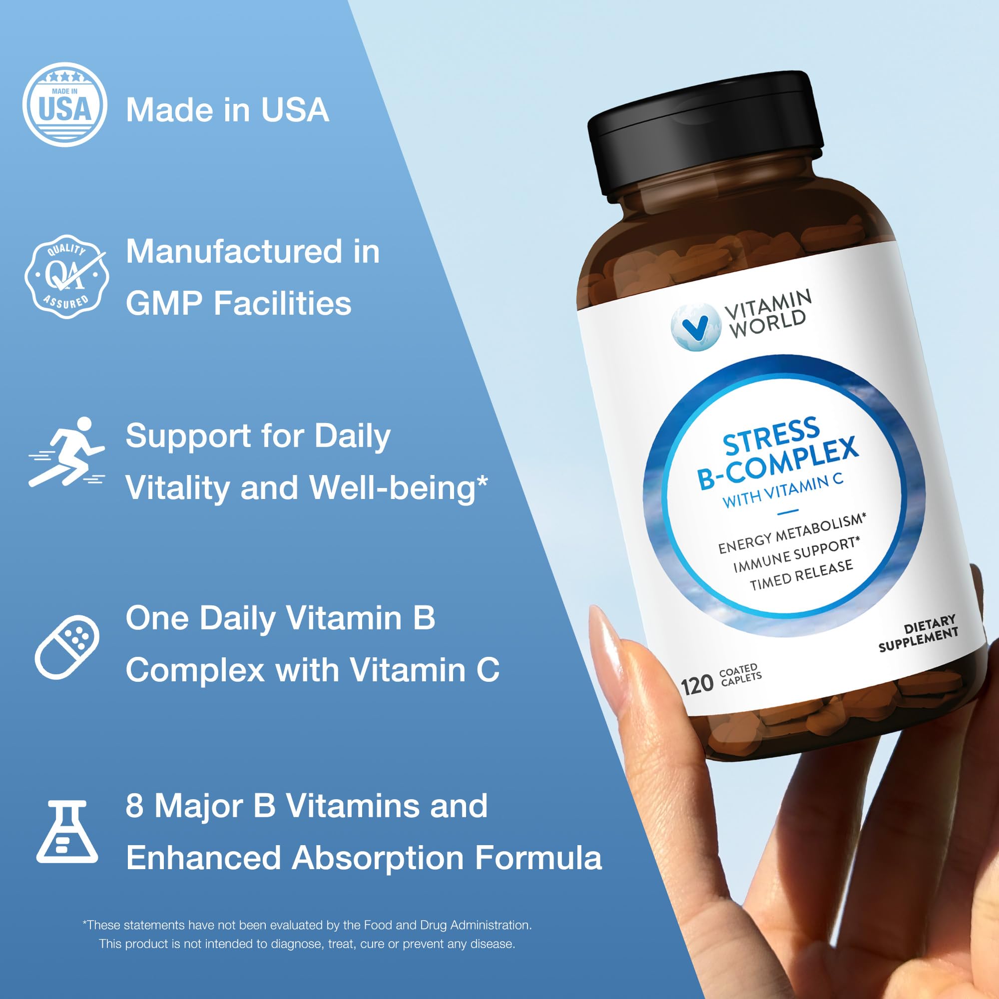 Produit Vitamin World Stress B-Complex sans OGM et sans additifs inutiles.