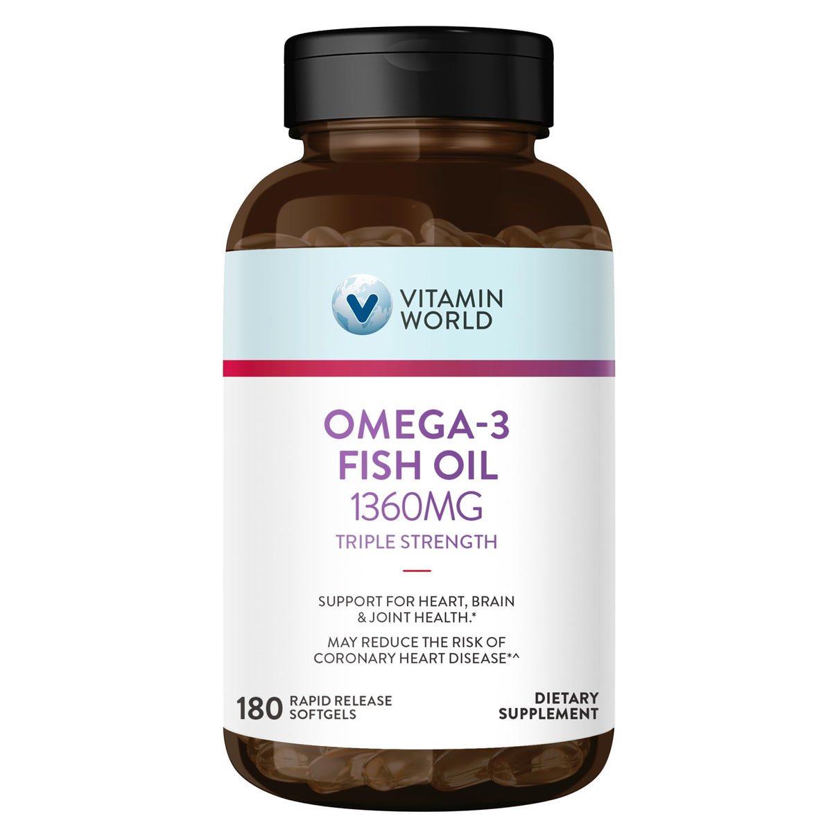 Bouteille Vitamin World Omega-3 Triple Force sur étagère, source pratique d'oméga-3.
