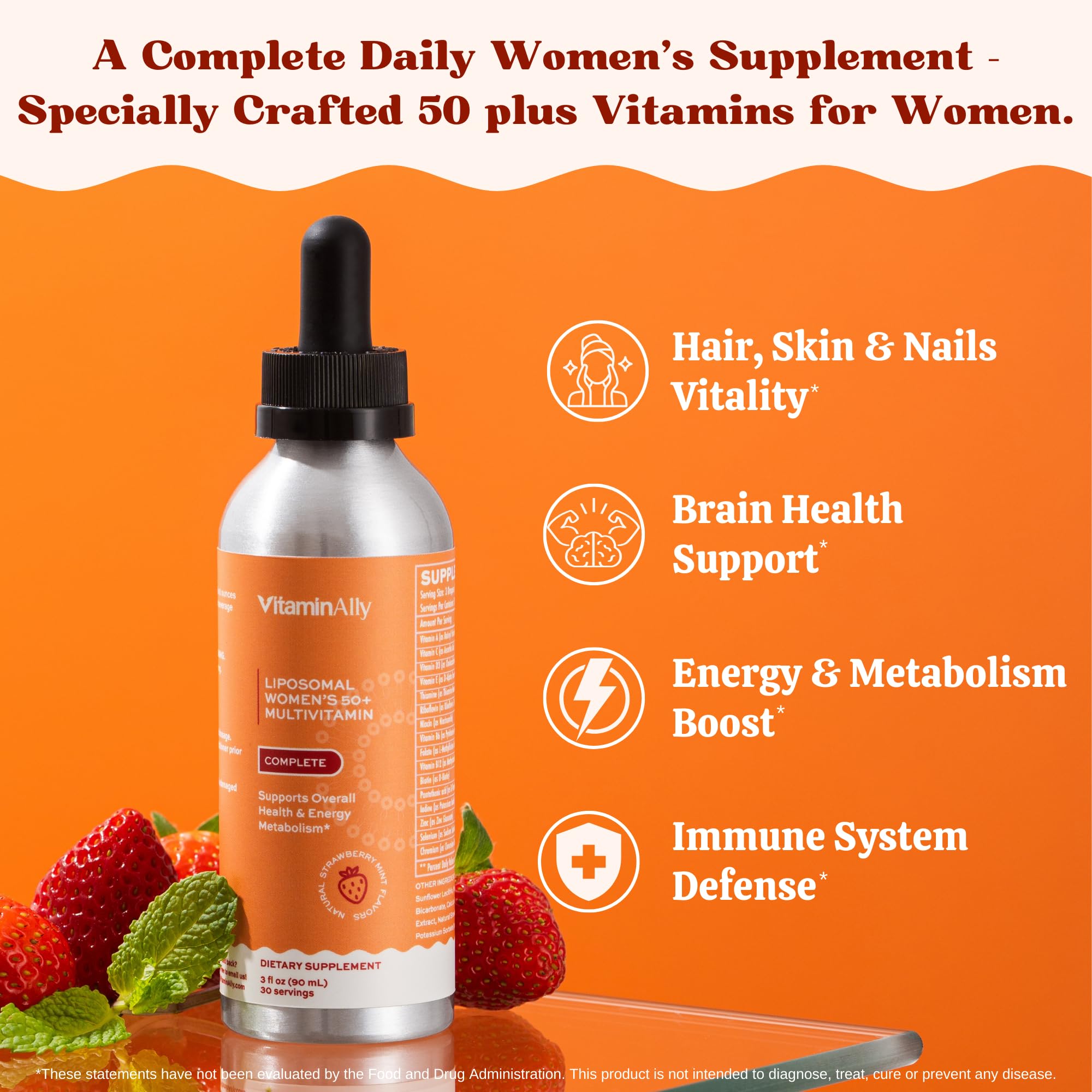 Étiquette claire Vitaminally 50+ liposomale multivitamine affichant les nutriments.