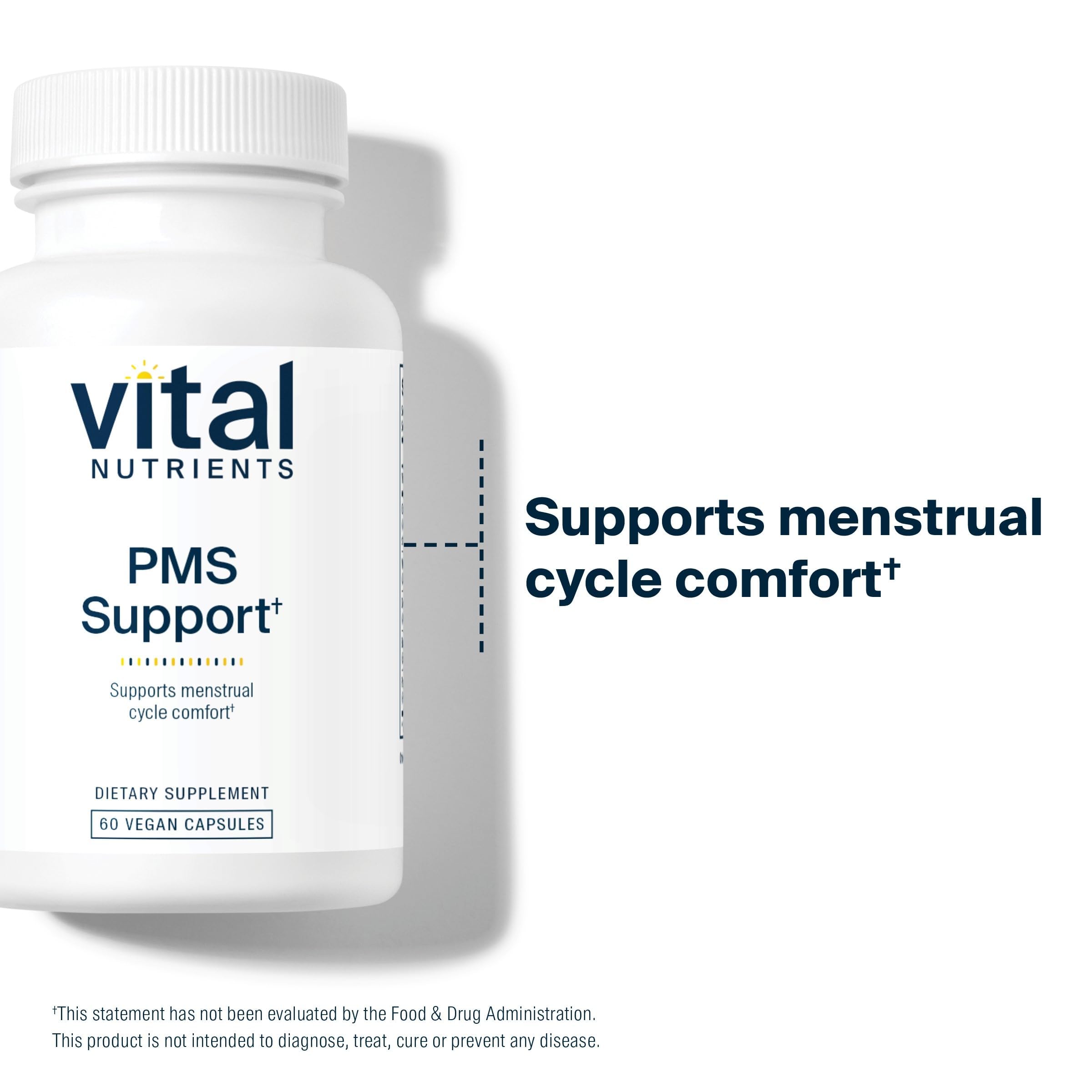 Vital Nutrients PMS Support renferme vitamine B6 et formule végan sans OGM.