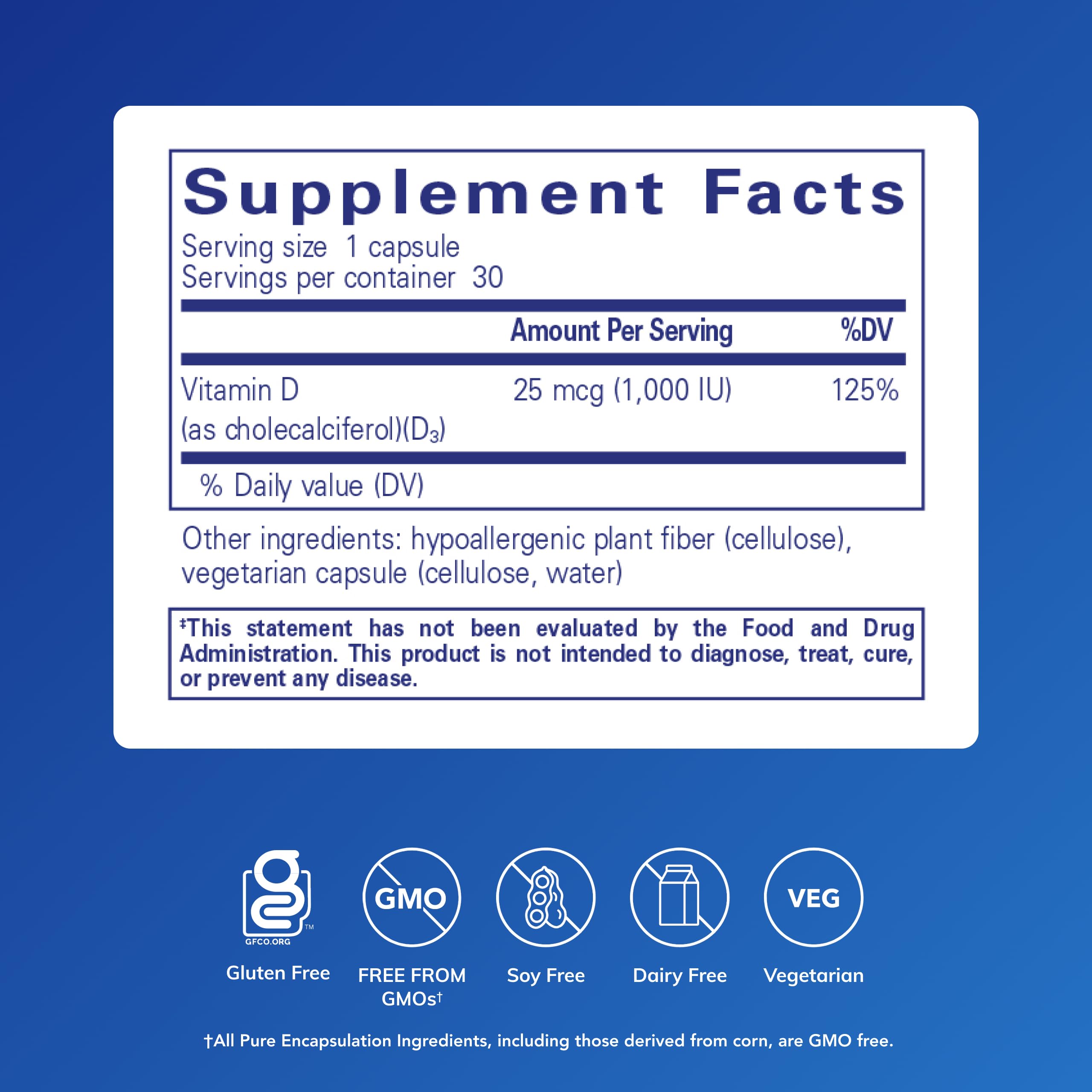 Étiquette Pure Encapsulations Vitamine D3 – indication 25 microgrammes pour le quotidien