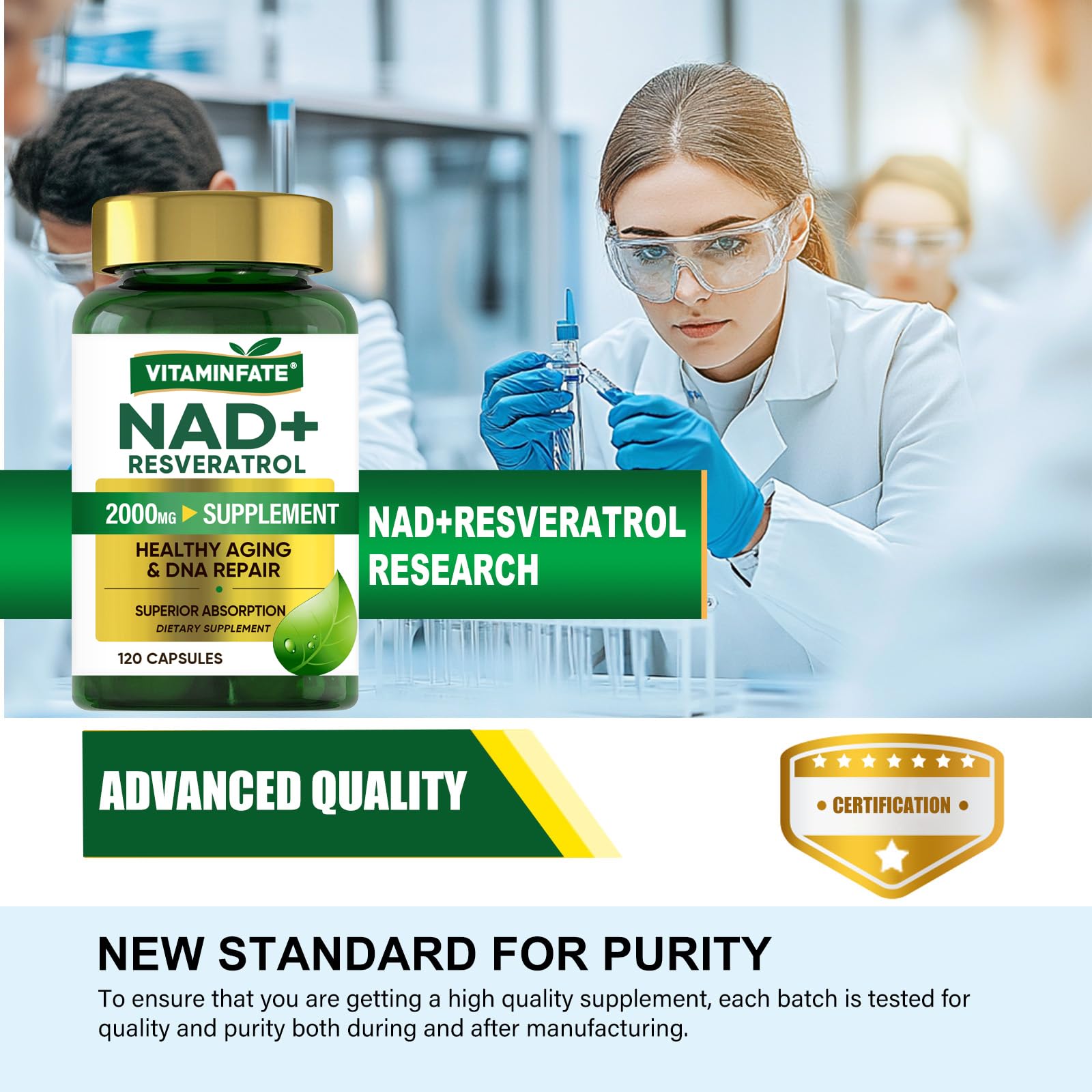 Vitaminfate NAD+ boîte et emballage élégants pour une utilisation régulière.