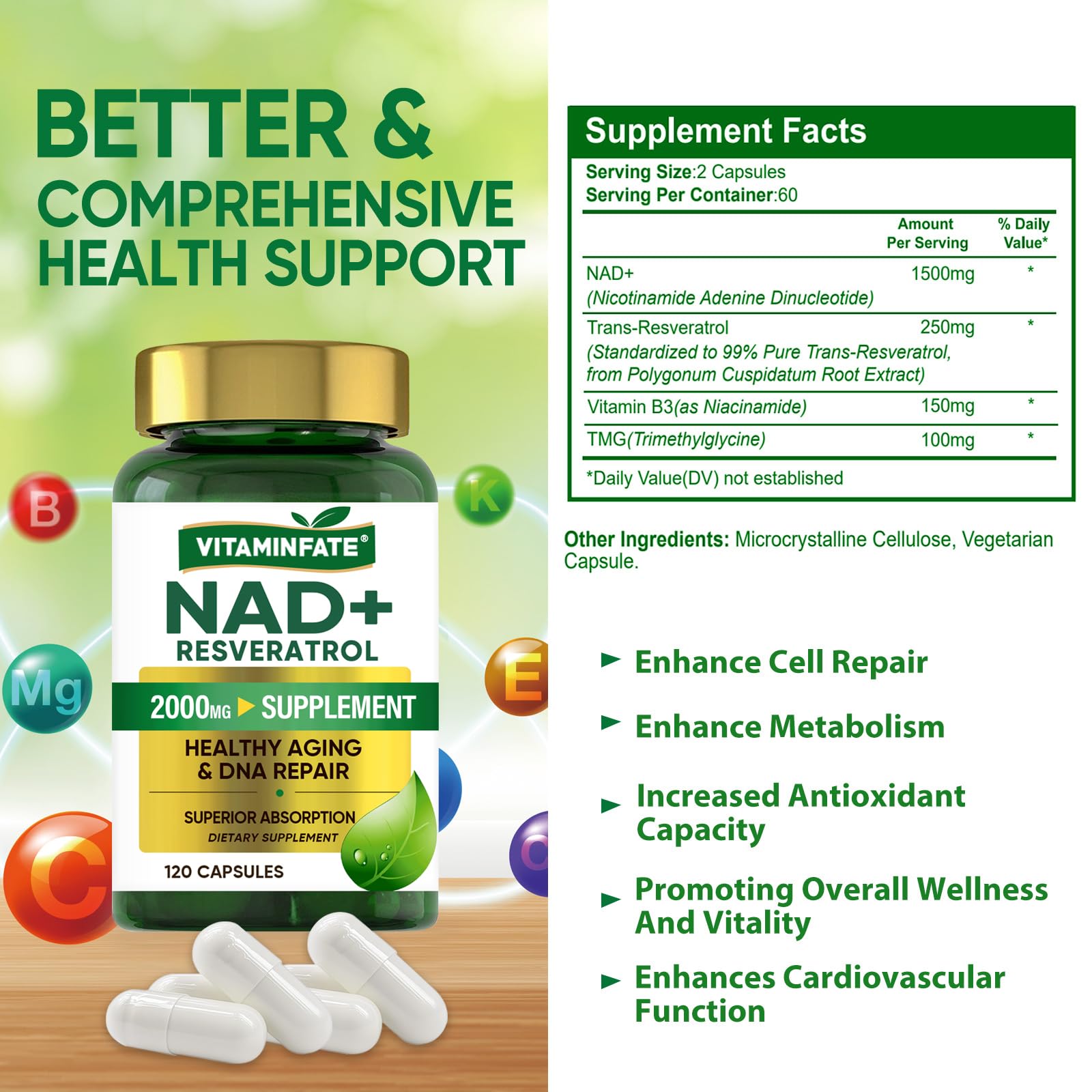 Vitaminfate NAD+ dose quotidienne: deux capsules faciles à intégrer à votre routine matinale.