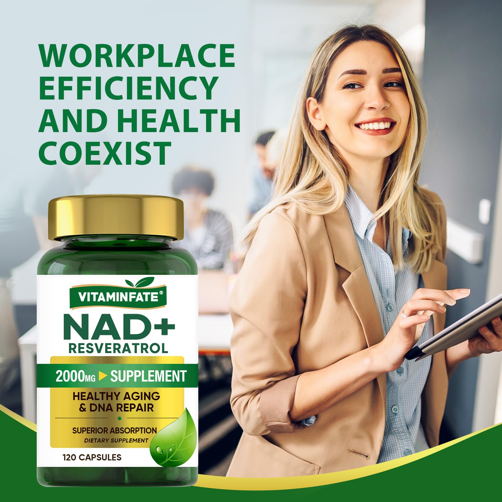 Vitaminfate NAD+ étiquette claire indique les composants clés et les usages potentiels.