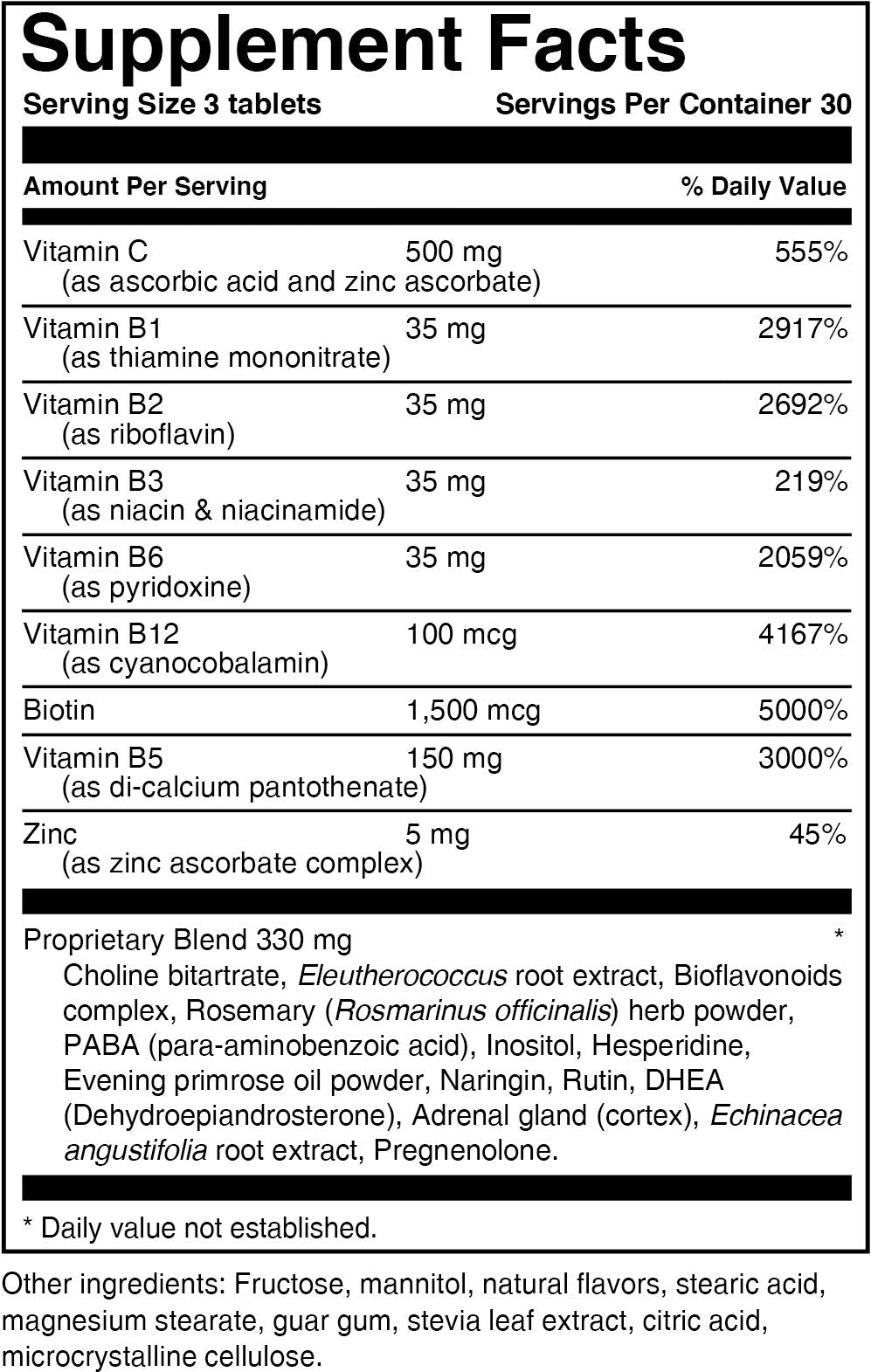 Ingrédients VitaminMed: zinc, vitamine C et bioflavonoïdes pour le soutien nutritionnel.