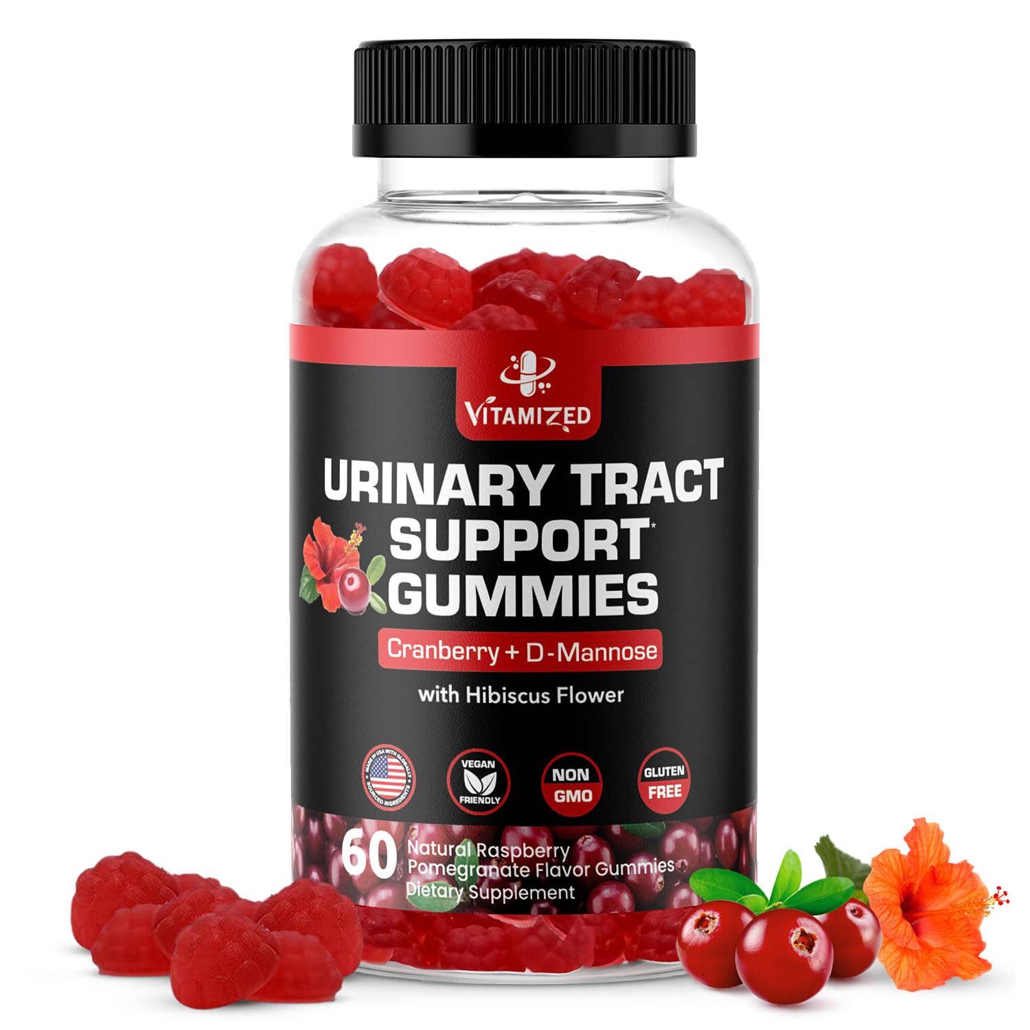Gommes Vitamized canneberge 1500 mg sur flacon, soutien potentiel de l'appareil urinaire.