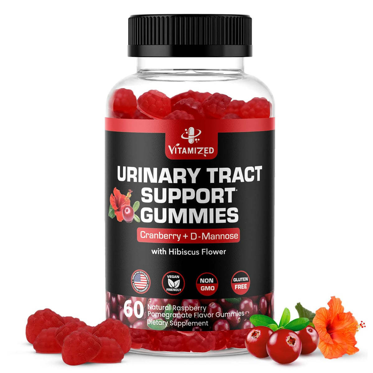 Gommes Vitamized canneberge 1500 mg sur flacon, soutien potentiel de l'appareil urinaire.