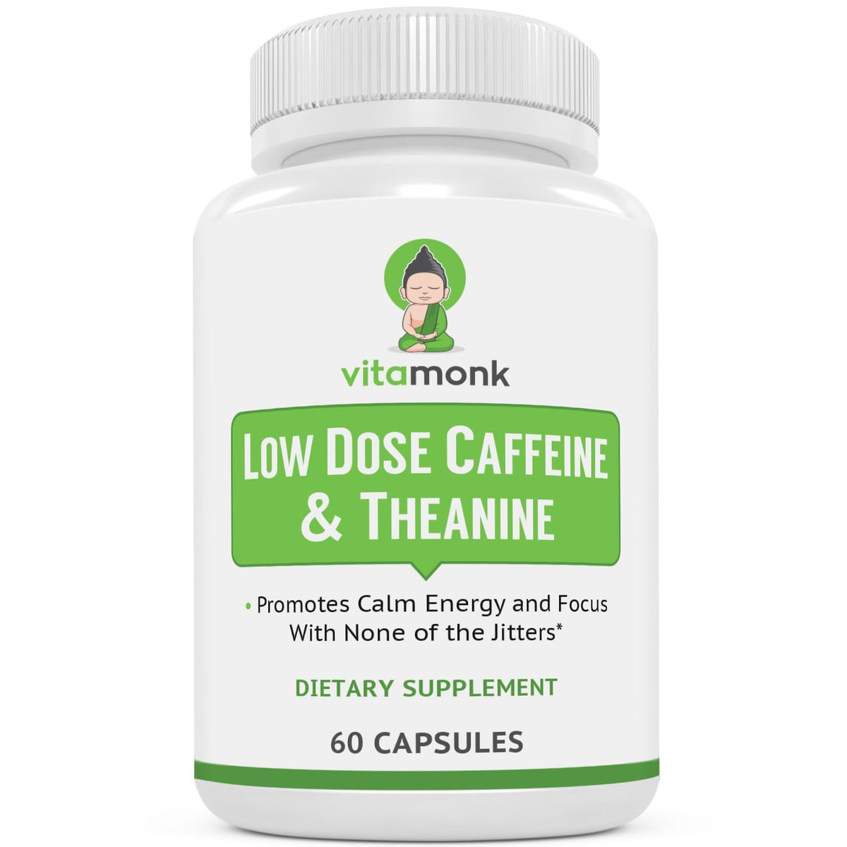 Gélules VitaMonk dans une bouteille, énergie légère et durable.