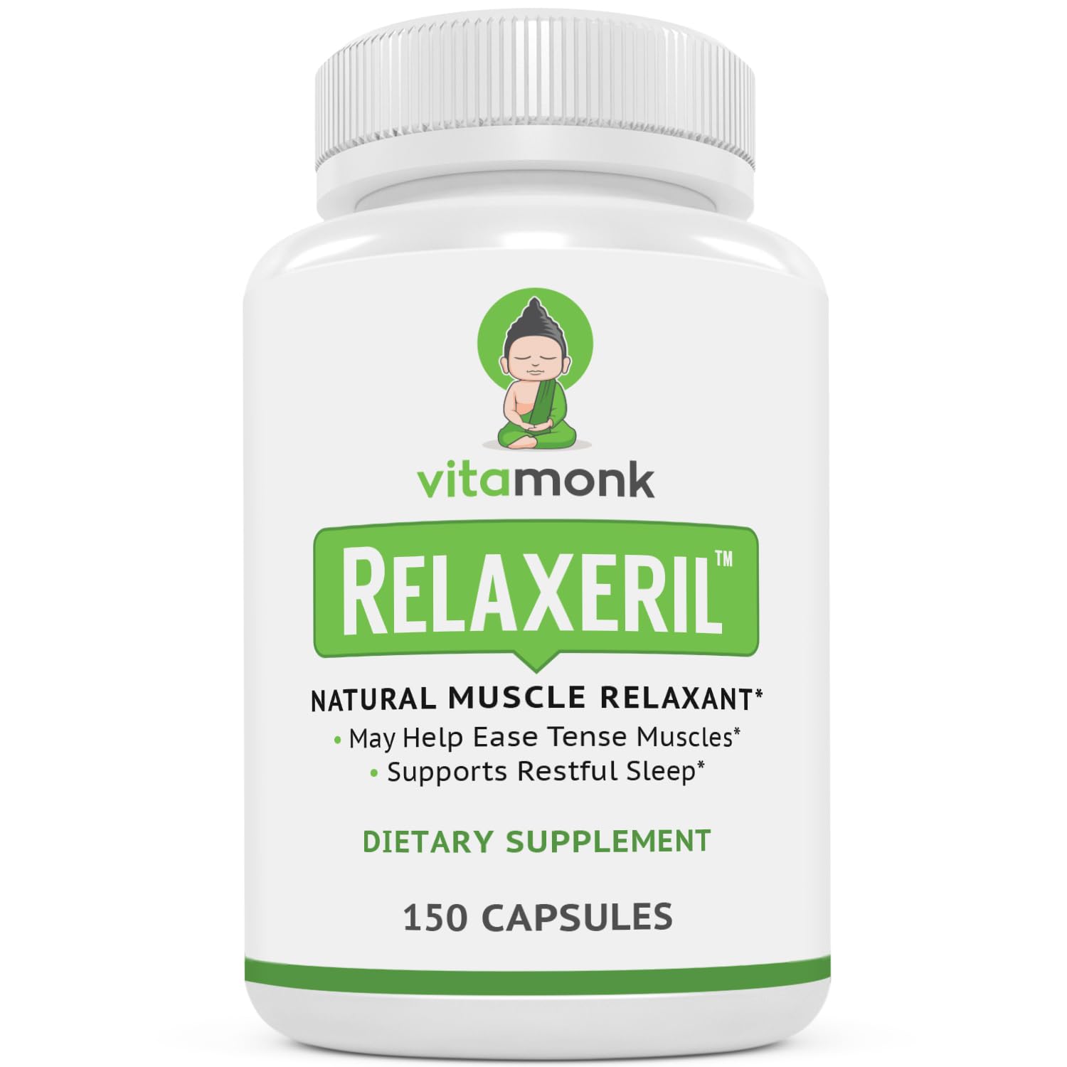 VitaMonk Relaxeril sur la bouteille, soulagement potentiel des tensions musculaires.