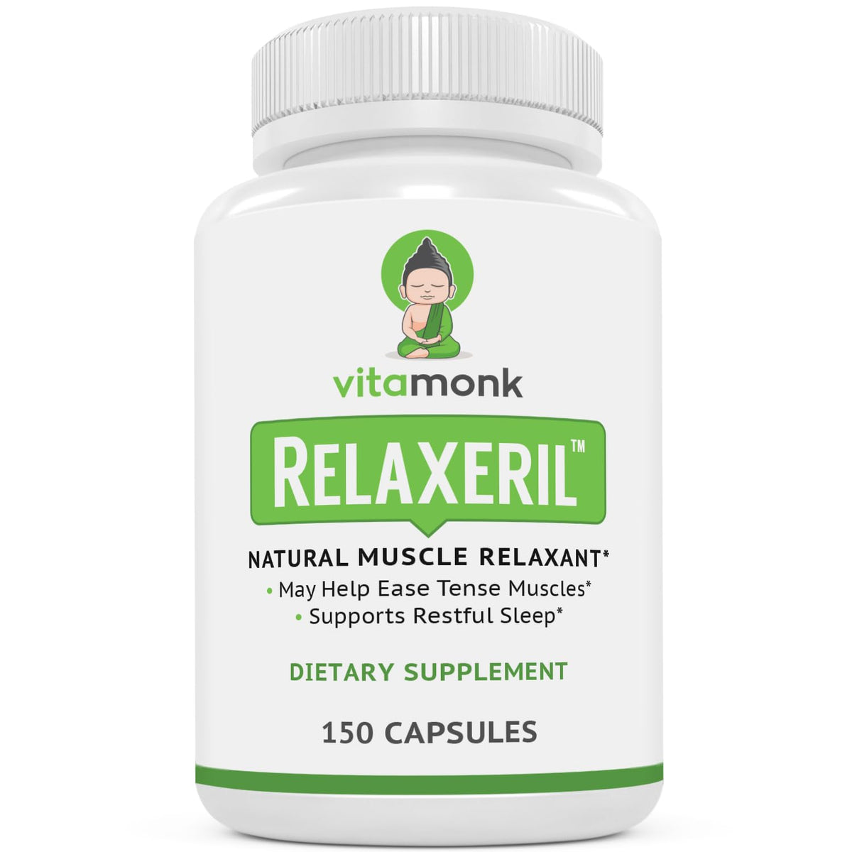VitaMonk Relaxeril sur la bouteille, soulagement potentiel des tensions musculaires.