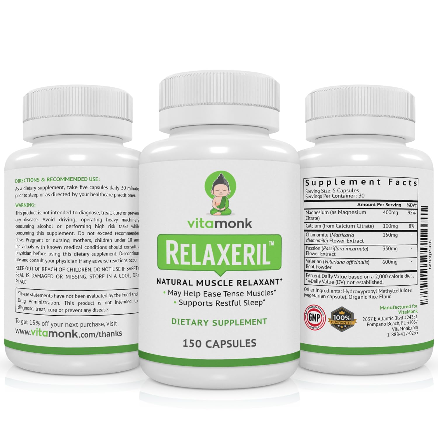 Bouteille VitaMonk Relaxeril près d’un oreiller, symbole de relaxation et sommeil.