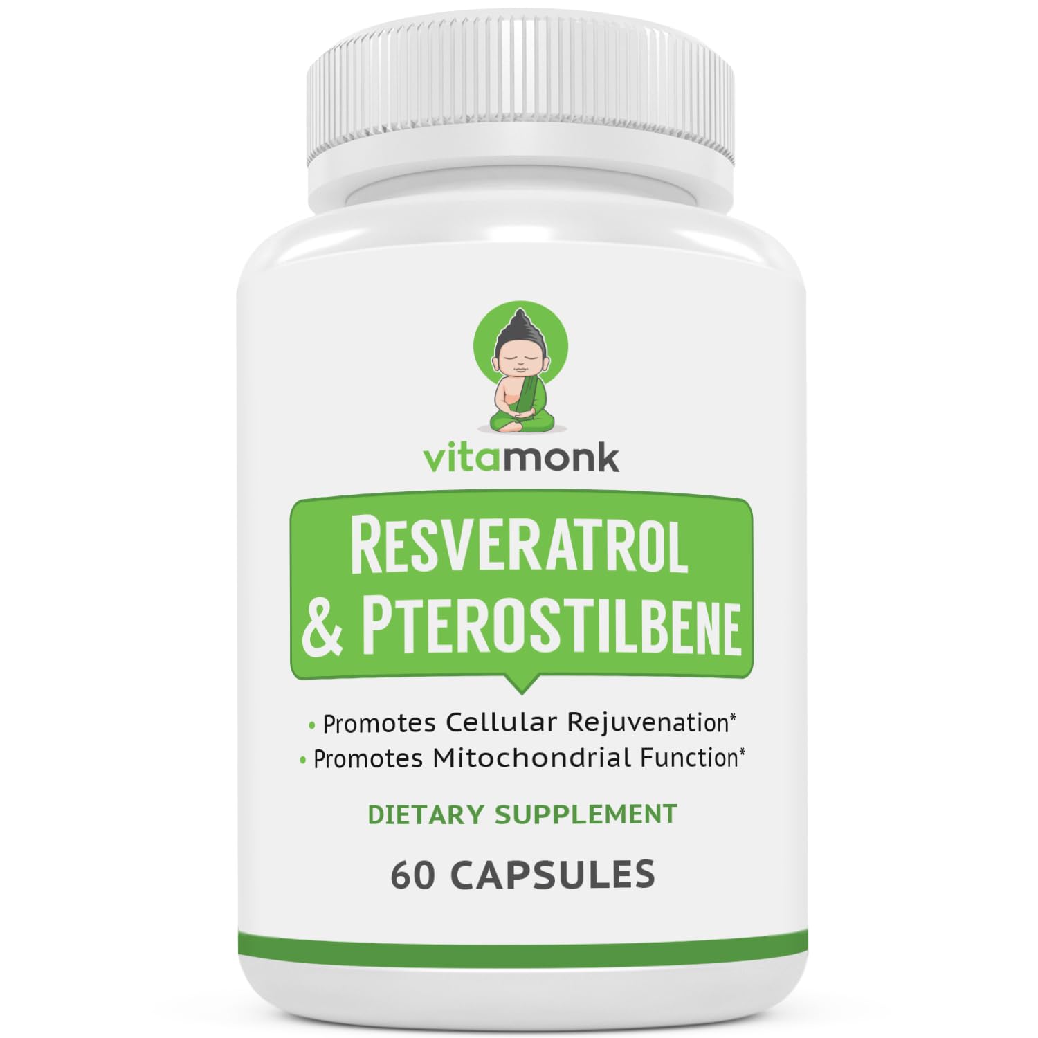 VitaMonk Resveratrol Pterostilbene – bouteille élégante, soutien potentiel à l’énergie cellulaire.